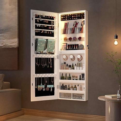 Miniatura 7 de LVSOMT 3 LED espejo montado en la pared armario de joyería sobre la puerta organizador de armario de joyería con espejo de longitud completa espejo