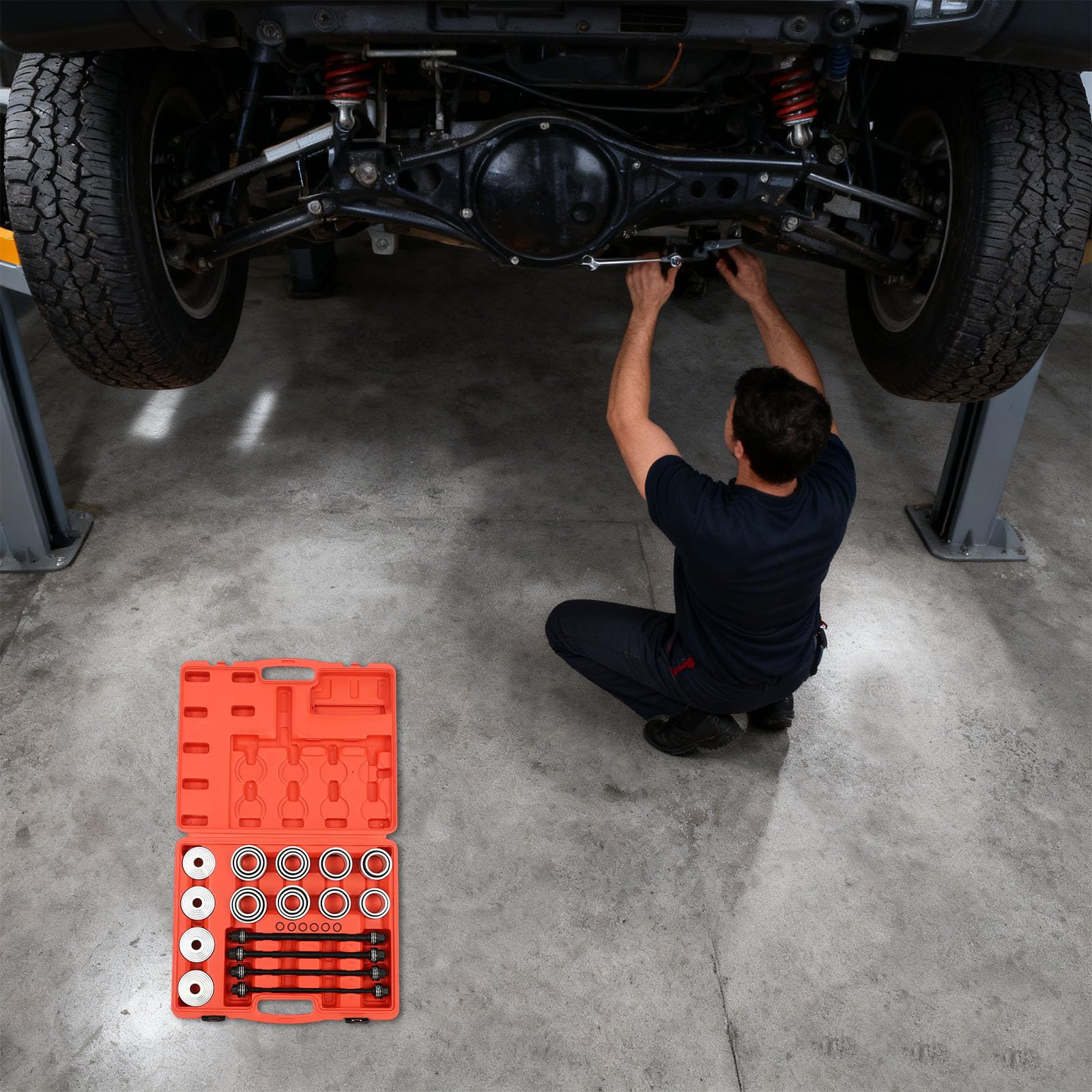 Kit Extracteur Silent Bloc 28 Pièces, Outil Remplacement Bague Caoutchouc Suspension En Acier 45 Carbone, Presse Douilles M10 M12 M14 M16, Pour Voiture Camion Garage, 34-82mm, 42x9.5x35.5cm