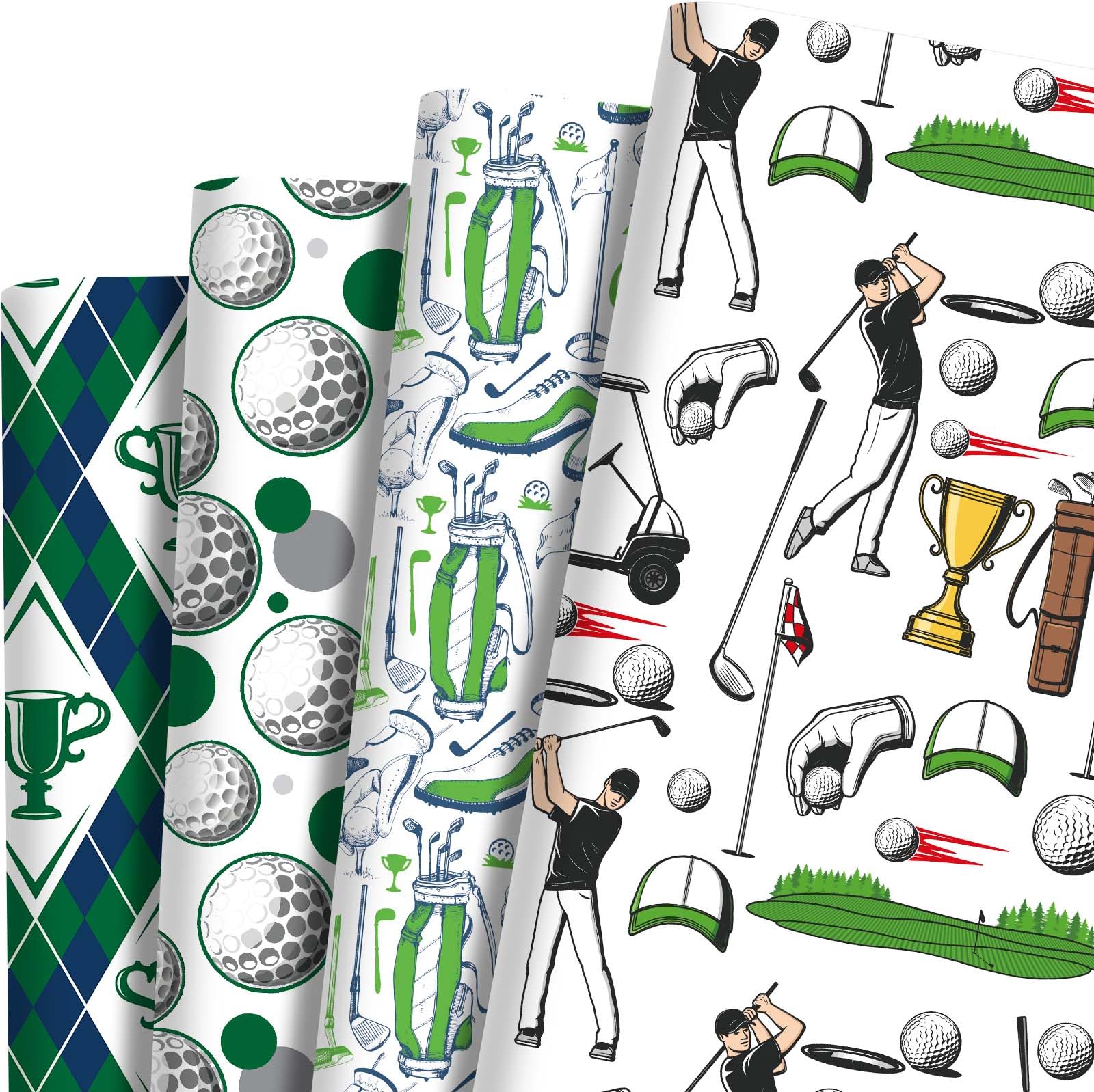 Sanixin 12 Sheets Golf Wrapping Paper Golf Clubs Balls Green Argyle Pattern Sports Gift Wrap Paper for Golf Theme Birthday Party Supplies, 20" x 28"