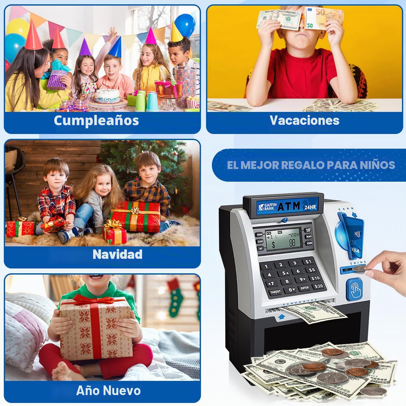 Roadtime ATM Hucha, Mini Cerdo ATM, Caja de Ahorro para Monedas y Billetes, Cofre Reutilizable, Guardacambios con Tarjeta de Débito, Caja de Ahorro Inteligente con Contraseña