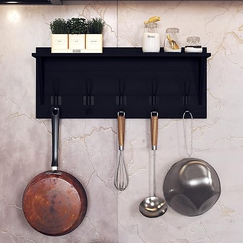 Miniatura 5 de Perchero montado en la pared, estante de entrada de madera rústica de 24 pulgadas con 5 ganchos rústicos con madera de pino maciza. Tacto perfecto