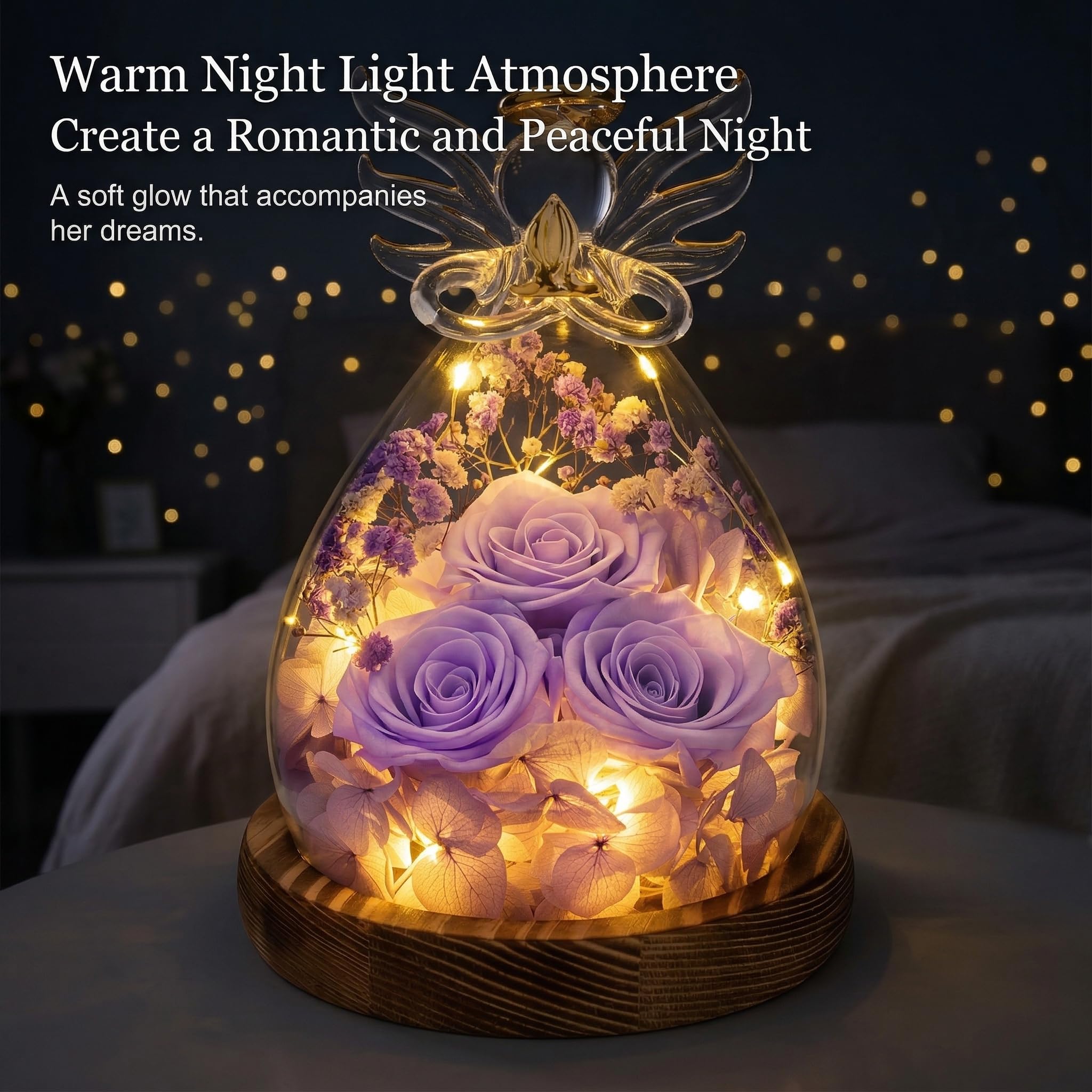 Rosa de ángel para mujer, figura de ángel de cristal preservada con luces LED, luz nocturna de cumpleaños de flor eterna para mamá, decoración perfecta para el día de la madre, San Valentín