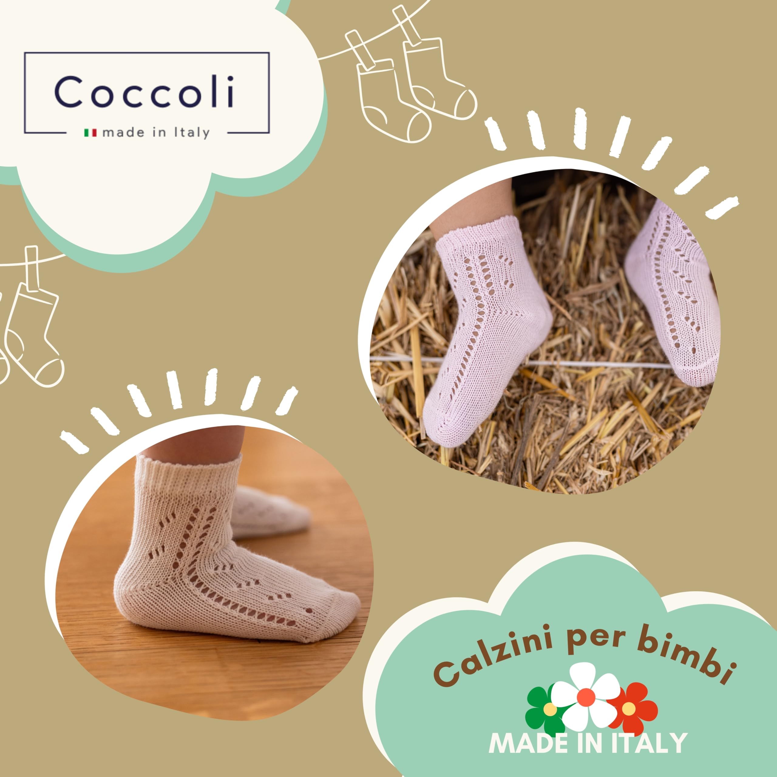 Coccoli | 3 Paia di Calzini Corti Neonato in Cotone Elasticizzato con Motivo Traforato, Calzini Traforati Neonato a Tinta Unita, Made in Italy