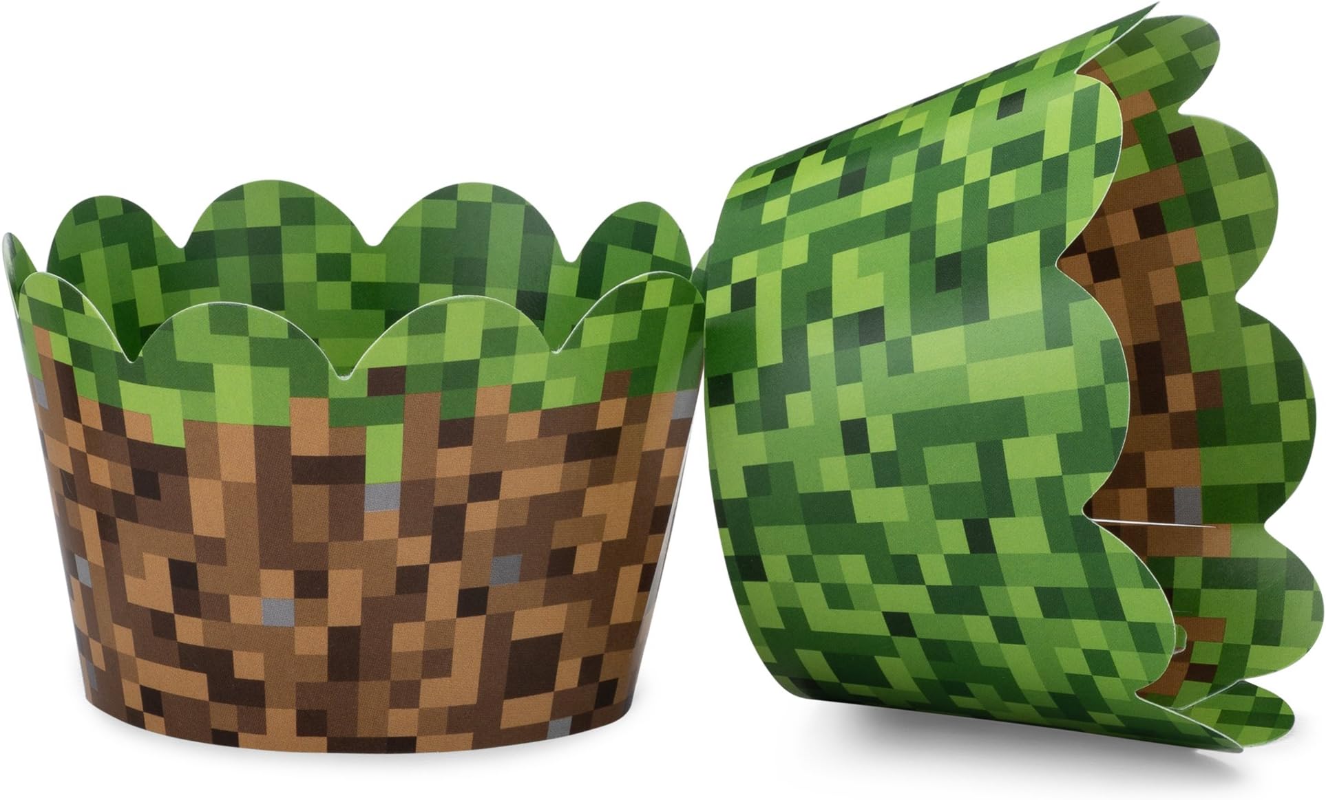 Pixel Grass Cupcake Wrappers - 24-Pack Reversible Green & Brown 8-Bit Mining Themed Party Supplies - Perfect for Video Game Birthday Parties, Engineer & Builder Themes - Made in USA