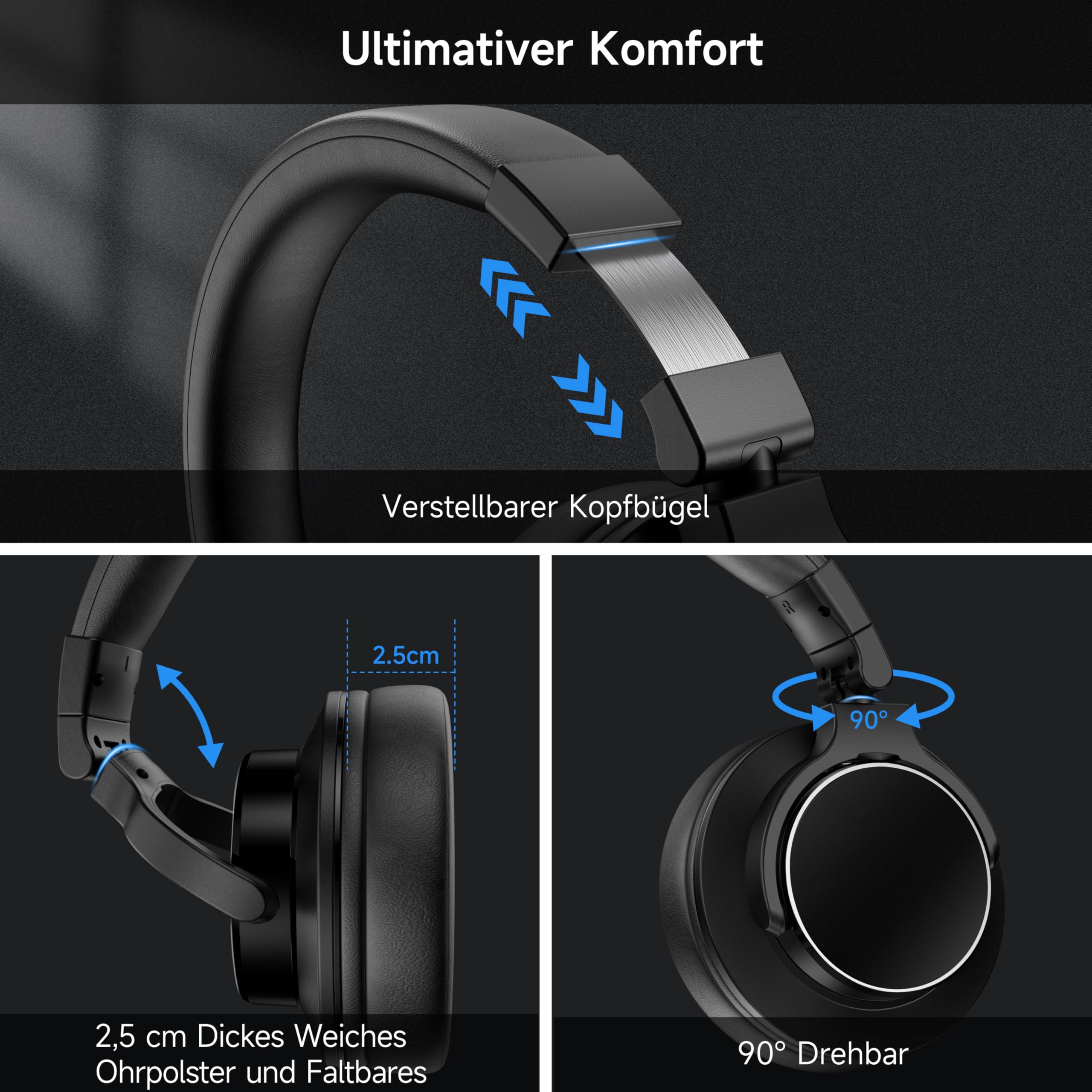 syndesmos Professionelle Studio Kopfhörer, Over Ear Kopfhörer mit Kabel, 6.35 & 3.5mm Klinke, 50mm Treiber, DJ & Monitoring Kopfhörer, DJ Headphones für Studio, Podcast, Handy, PC, E-Drum Gitarre