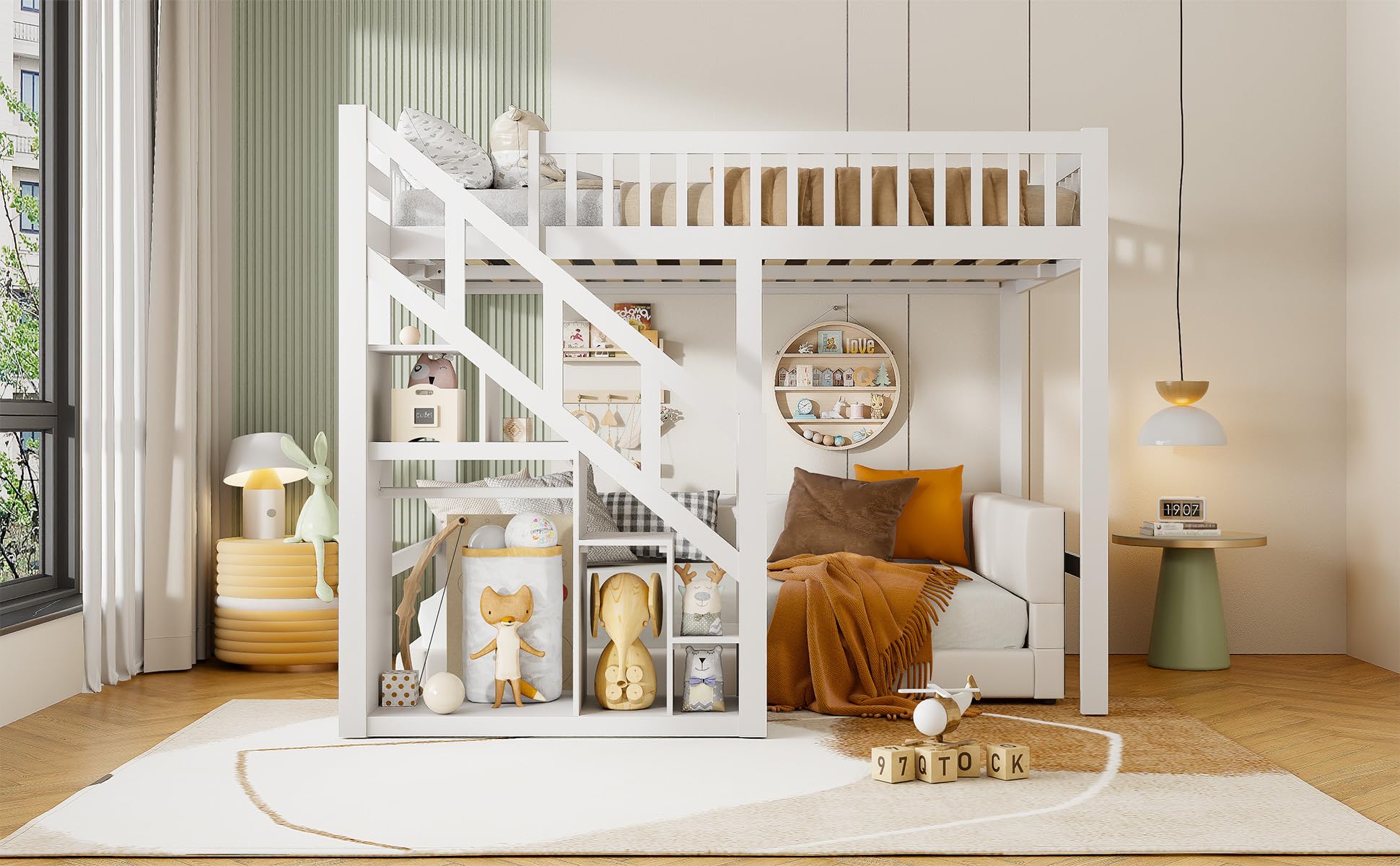 Kinderbett Etagenbett 90x200, Hochbett mit Treppe und Aufbewahrungsschrank, Doppelbett Stockbett Spielbett Kinderhochbett Jugendhochbett mit Gitter und Rausfallschutz, Massivholz (Weiß, 90x200cm)