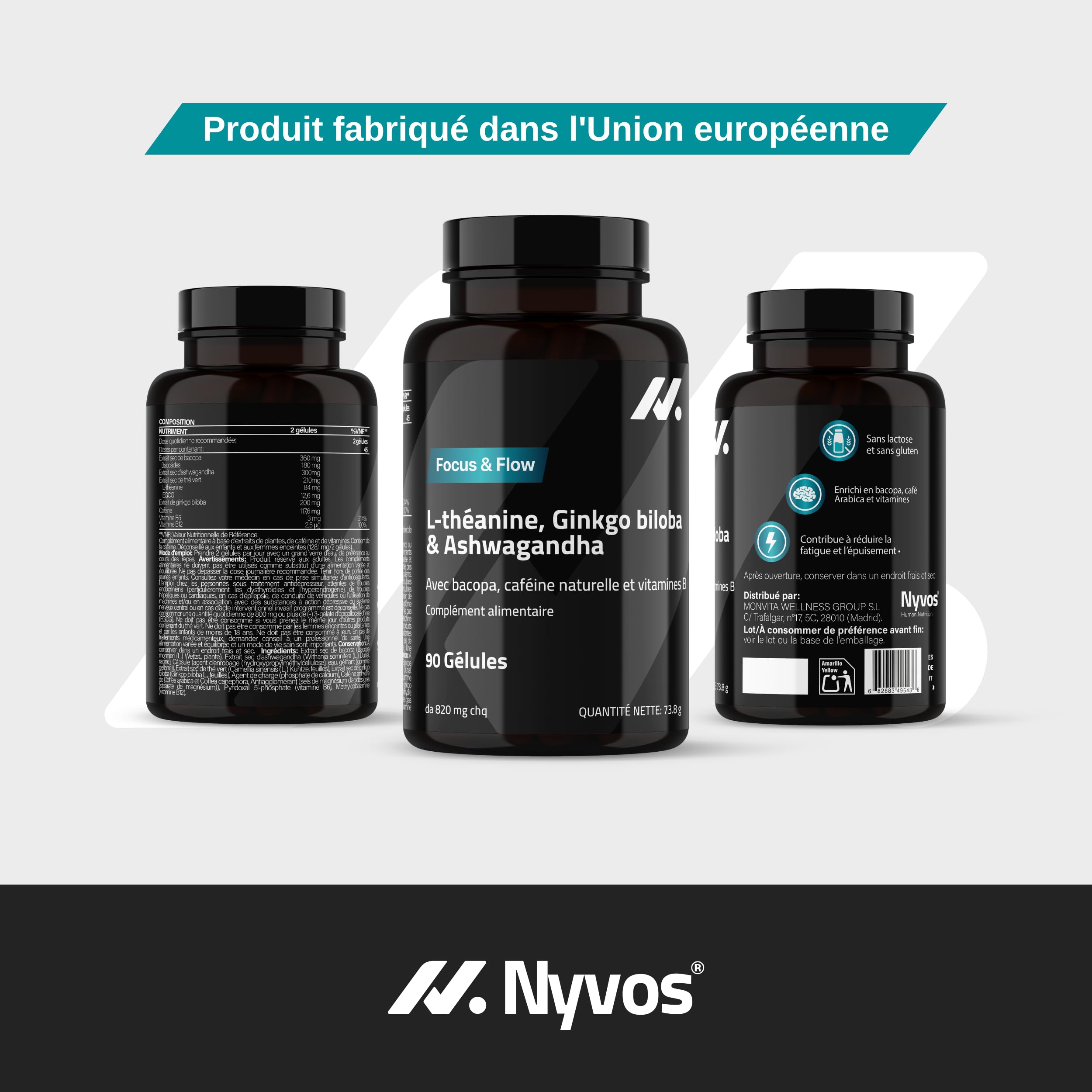 L-Théanine, Ginkgo Biloba, Ashwagandha – Nootropique avec Bacopa Monnieri, caféine naturelle, vitamines B6 & B12 fortement dosées | Focus, concentration & énergie sans nervosité | 90 gélules véganes