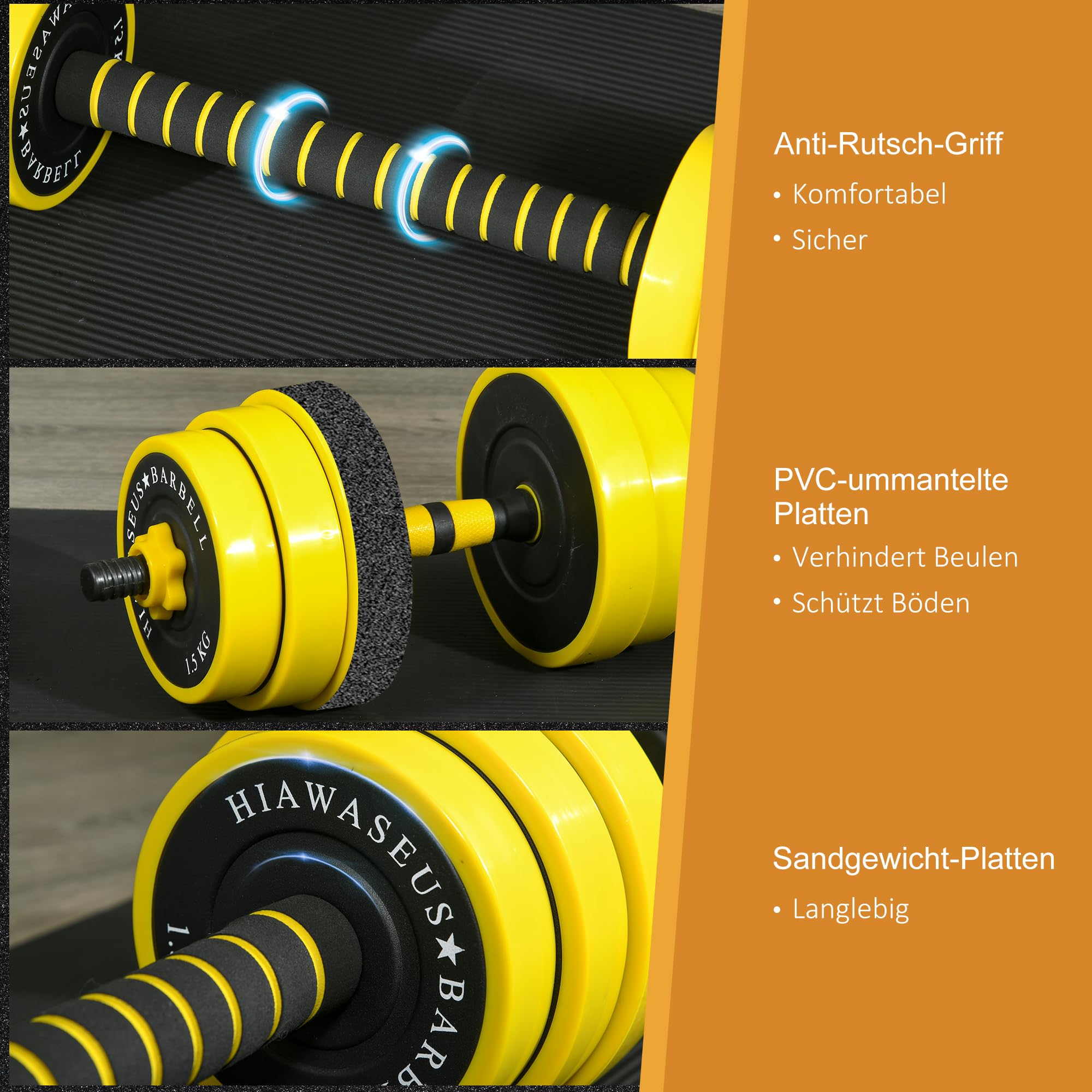 Hantle i sztanga HOMCOM 25 kg, z regulacją, ergonomiczny zestaw hantli 3 w 1, 12 obciążników, 2 × krótki drążek, 1 × długi drążek, żółty + czarny