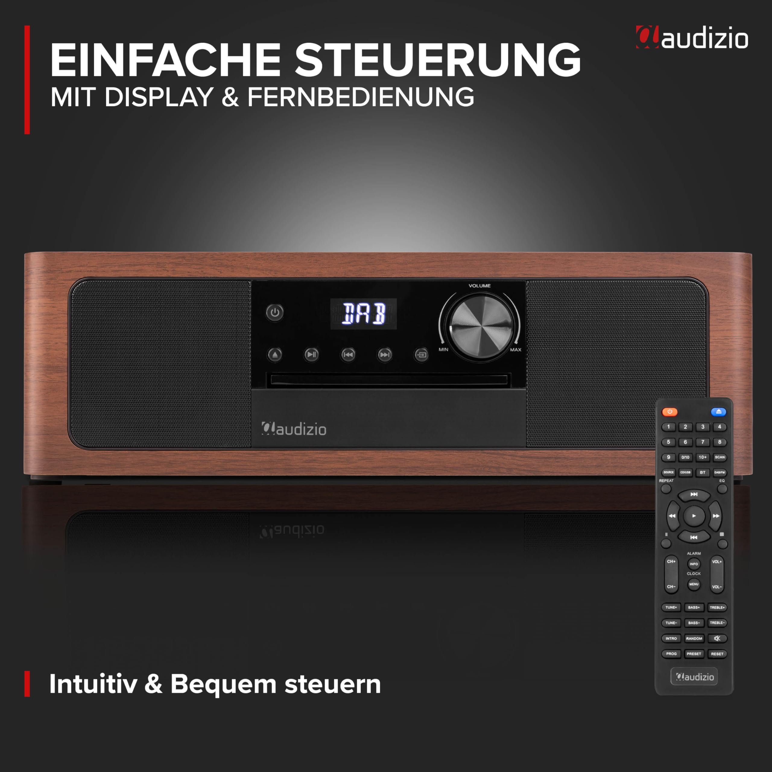 Audizio Lunata - DAB Radio mit CD Player, 100W Stereoanlage mit CD & Bluetooth 5.3 - Musikanlage mit HDMI, USB & AUX, DAB Plus Radio Musikanlage mit Fernbedienung - Schwarz/Holz