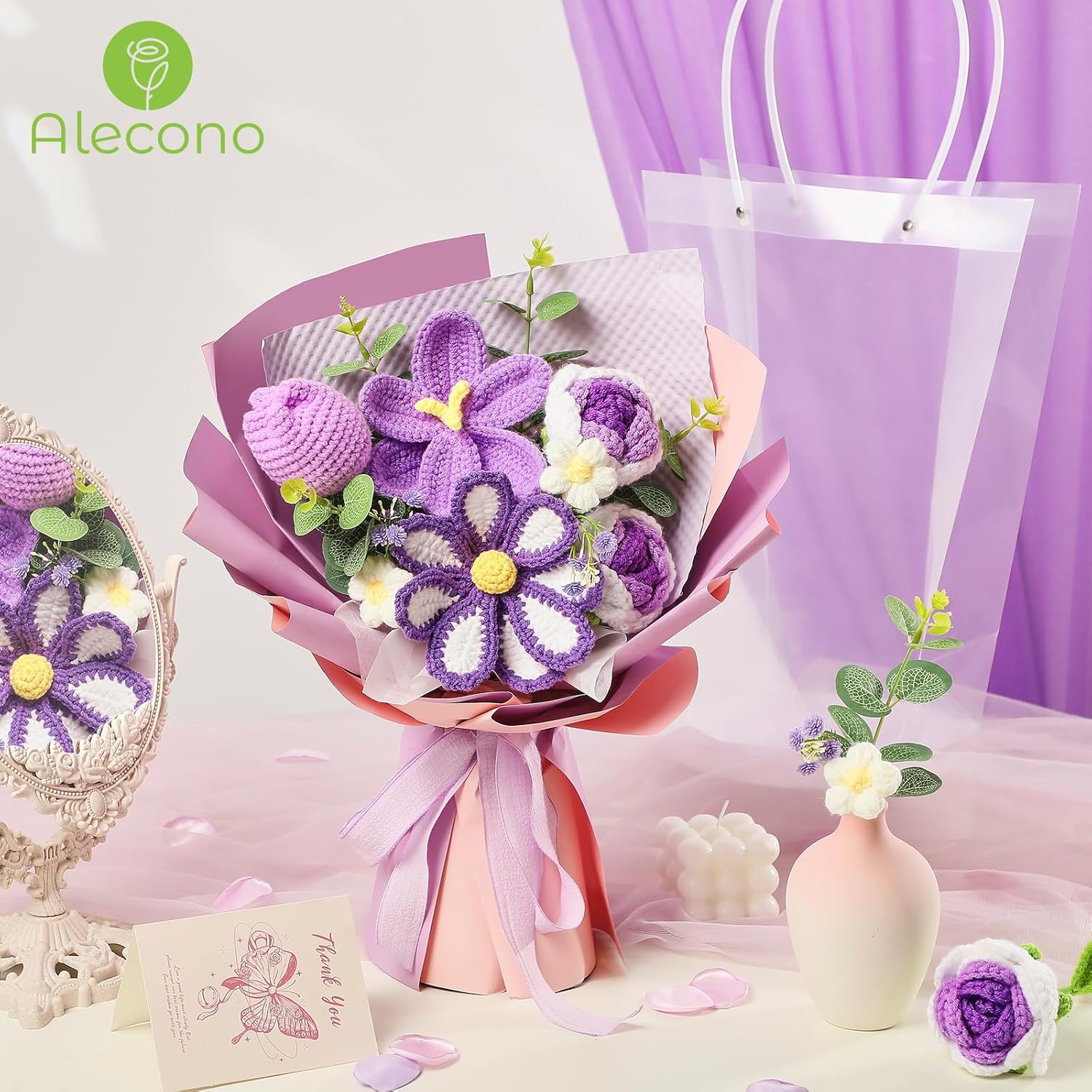 Alecono Crochet Flower Bouquet, Purple Knitted Flowers, Crochet Tulip Galsang Flower for Lover Anniversary Birthday Party Mother's Day Graduation Gifts (Include Card) - Image 7