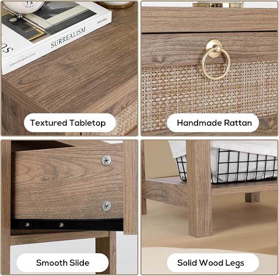 VOWNER Rattan Nightstands Set of 2 - Farmhouse Bedside Table Night Stand with Drawer and Storage Shelf, Boho End Side Table for Bedroom, Mesitas De Noche para Dormitorio, Dark Oak