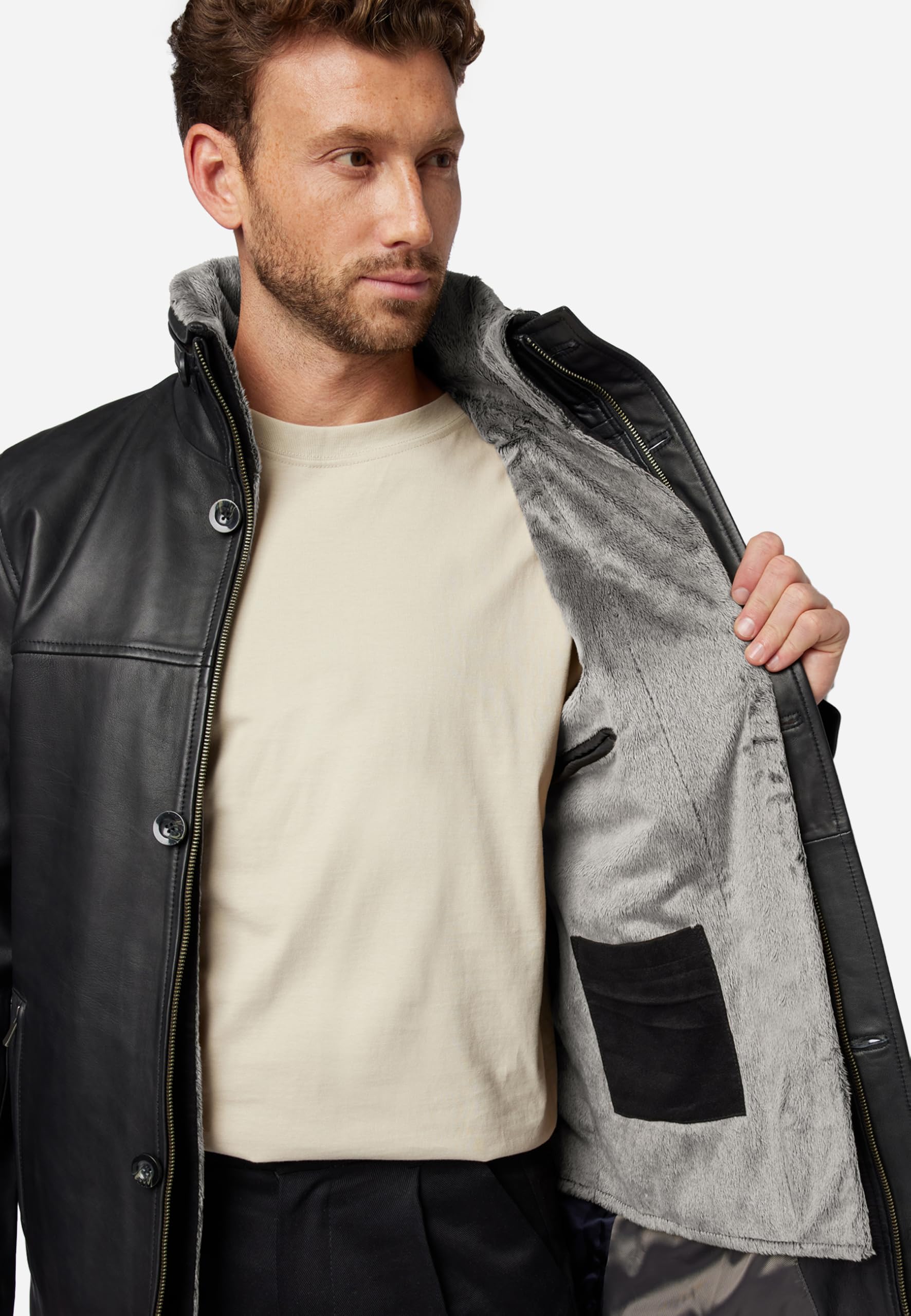 RICANO Jemenez - Herren Leder-Kurzmantel mit Stehkragen, abtrennbarer Kunstfellfütterung und Zierzipper (Slim Fit) - hochwertiges Lamm Nappa Leder