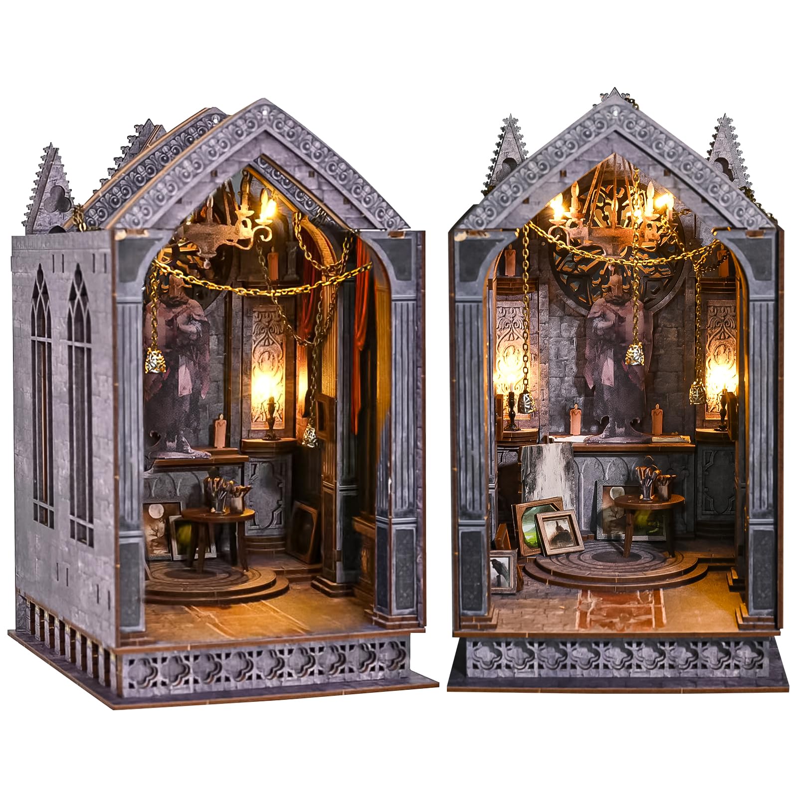 Spilay DIY Book Nook Kit, 3D Wooden Miniature Dollhouse with LED Lights, Creative Bookshelf Insert Decor, Handmade Model Building Gift for Adults - Christmas/Valentines-Quiet Night Prayer-(ZWSL16)