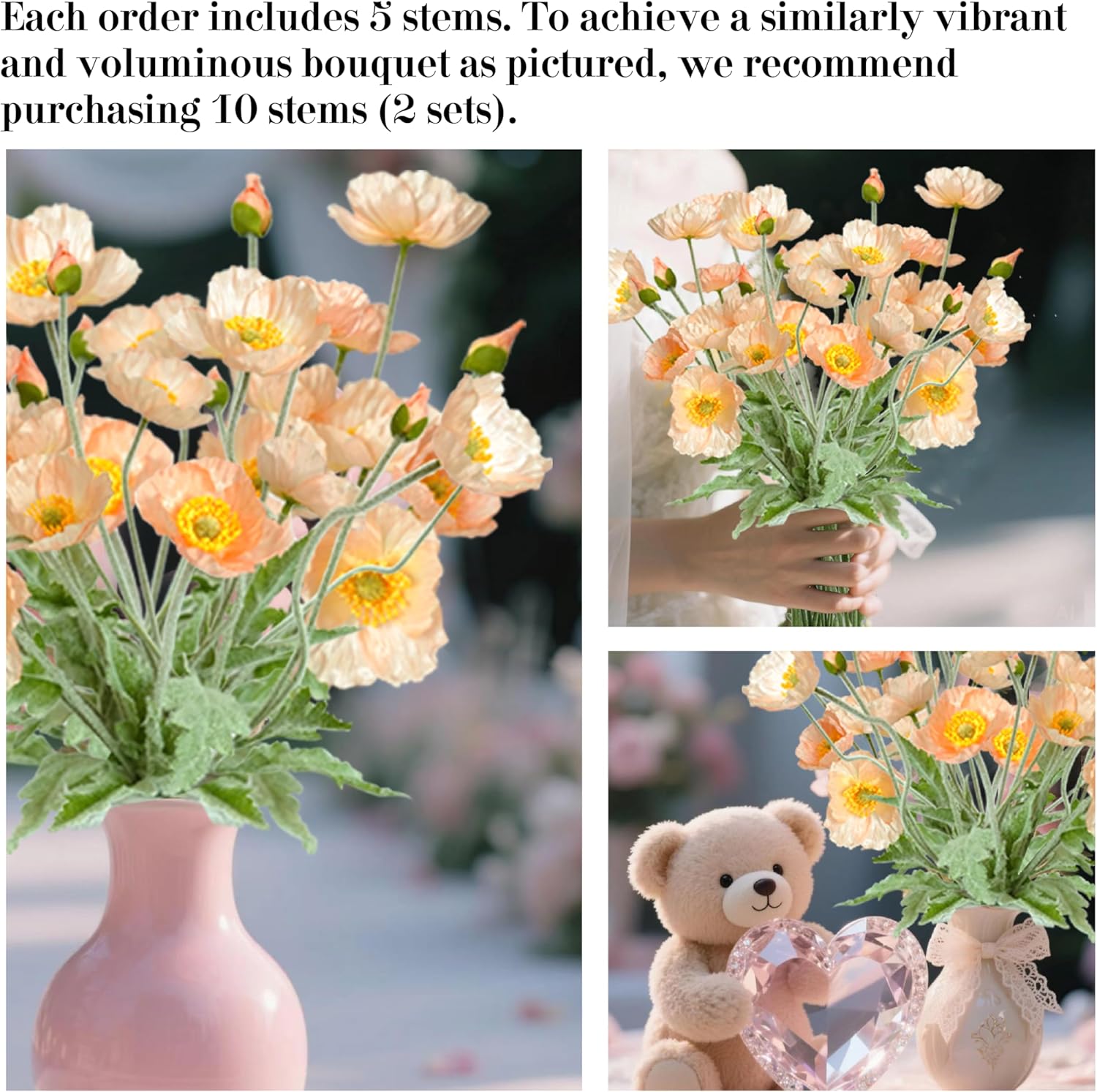 Artificial Poppy Flowers, 5 Bundles Faux Poppies with Stems for Floral Arrangements - Wedding, Home, Office, Party Table Centerpiece Decor (Light Peach) - Image 5