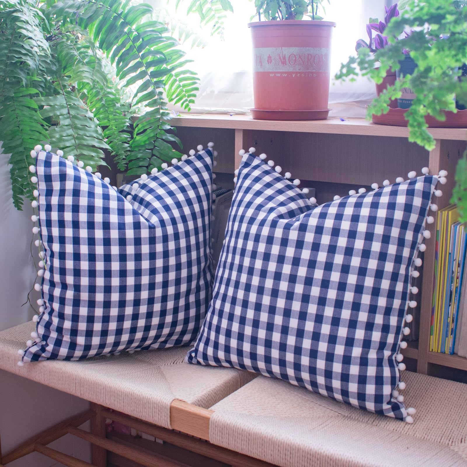 HOPLEE Farmhouse Gingham Pillow Covers Navy Blue Pillow Covers 18x18 Farmhouse Gingham Pillows Covers with Pom Pom for Home Decor 18x18 Inches Set of 2