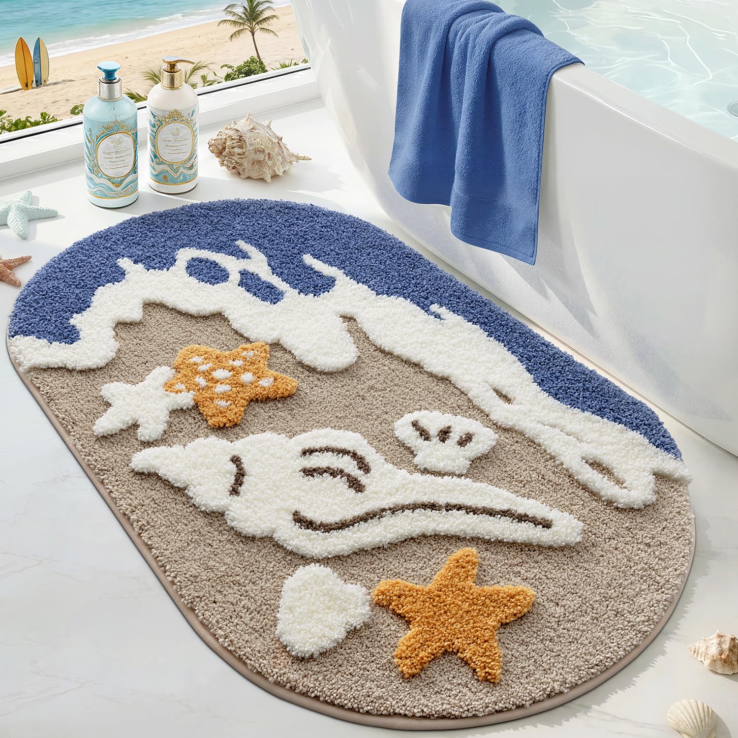 DEXI Oval Bath Mat 61 x 110 cm, Non-Slip Absorbent Bathmat, Washable Rugs for Shower Floor, Bedroom, Bathroom Accessories Decor, Blue Haven โ image 1