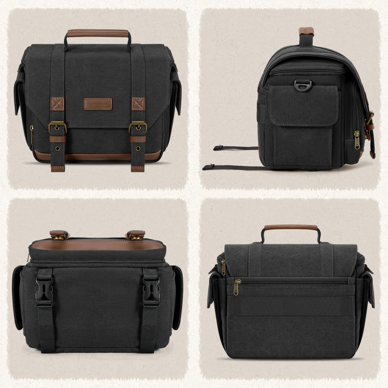 RAINSMORE Sac pour Appareil Photo Bandoulière Vintage en Toile Imperméable, Sacoche pour Appareil Photo Reflex et Hybride avec Housse de Pluie, Support Trépied et Fermetures SBS