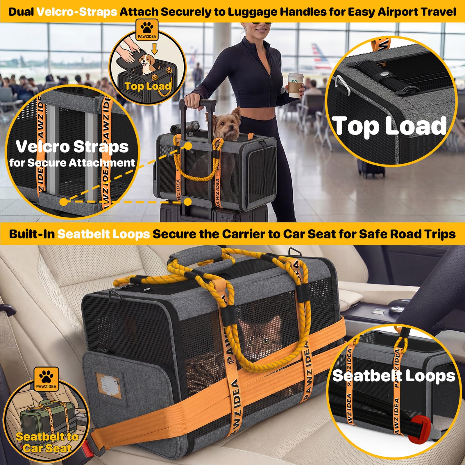 PAWZIDEA Expandable Pet Carrier Airline Approved, 18&times;11&times;11 Inches Small Dog Carriers, Collapsible Top-Load Cat Carrier for 2 Cats Under Seat, Soft-Sided Puppy & Animal Travel Bag, ID Card, Up to 15lbs - image 6