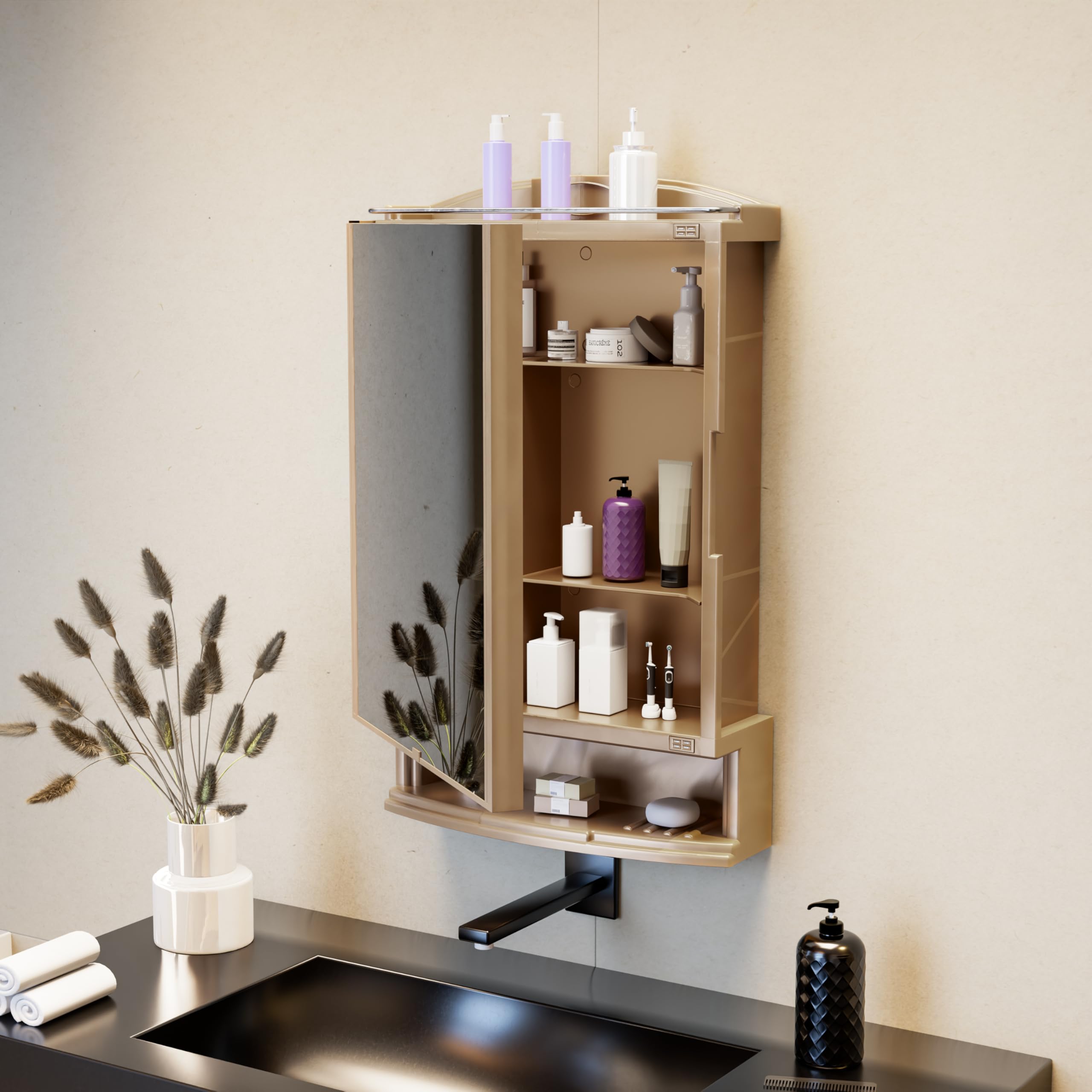 Happer Plastic Premium Multipurpose Wall Mounted Storage Cabinet with Mirror, Prime Look (Champagne Gold) discount deal