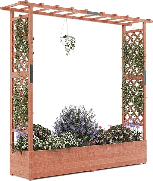 Elevated Wooden Garden Bed with Trellis - 45 Inch Planter Box with Side Supports, Canopy, and Drainage Holes – Perfect for Climbing Plants, Vines, and Blossoms