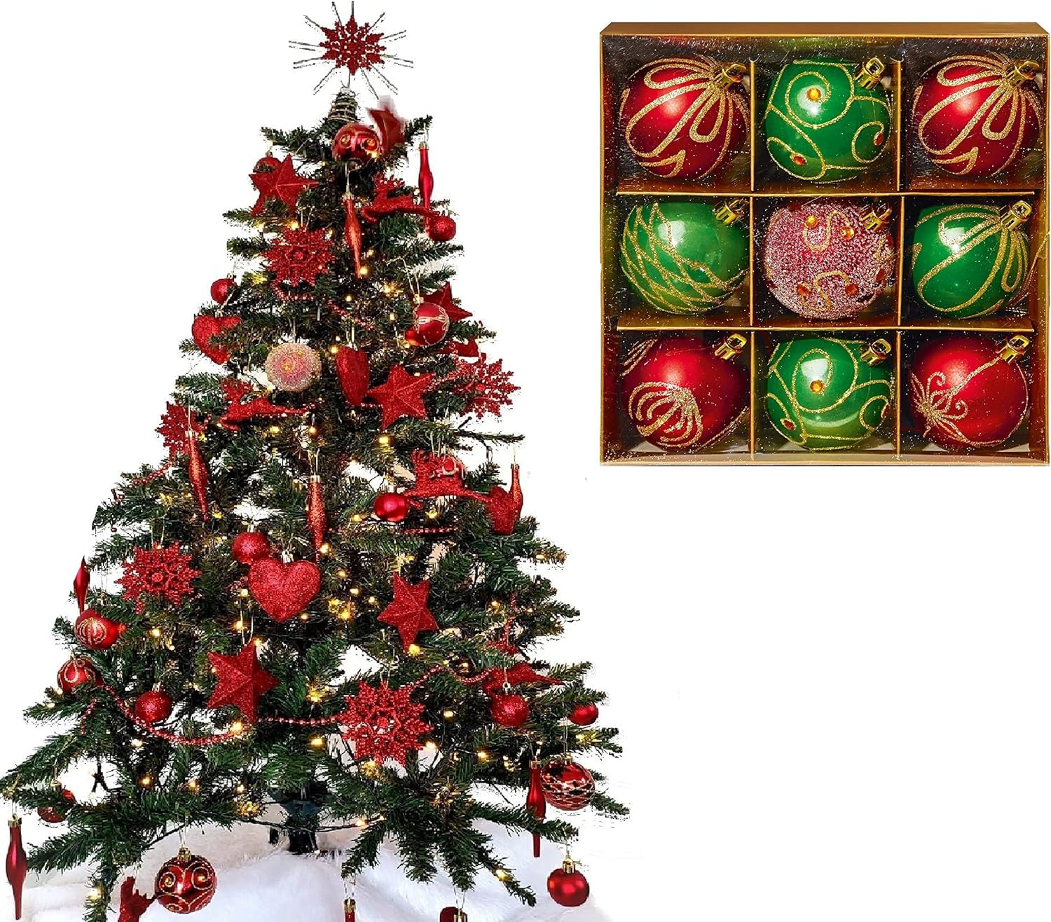 UKDD® Set of 9 Premium Baubles Luxury Christmas Tree Bauble Decorations Matte, Glitter, shiny Baubles (Red & Green)