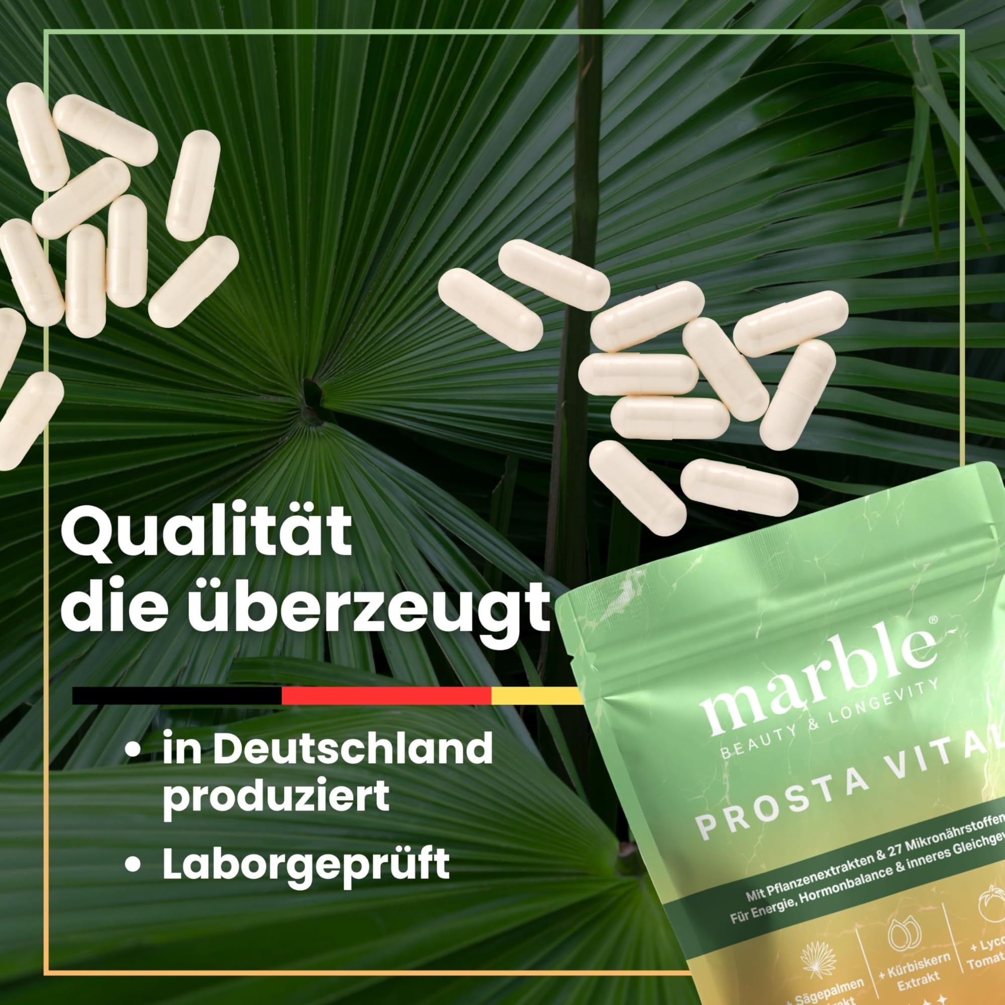marble® Prosta Vital – Prostata Komplex Kapseln - 120 Kapseln vegan - Zink für den Erhalt normaler Testosteronspiegel + Sägepalmenextrakt, Kürbiskernextrakt, Lycopin & Ashwagandha KSM-66
