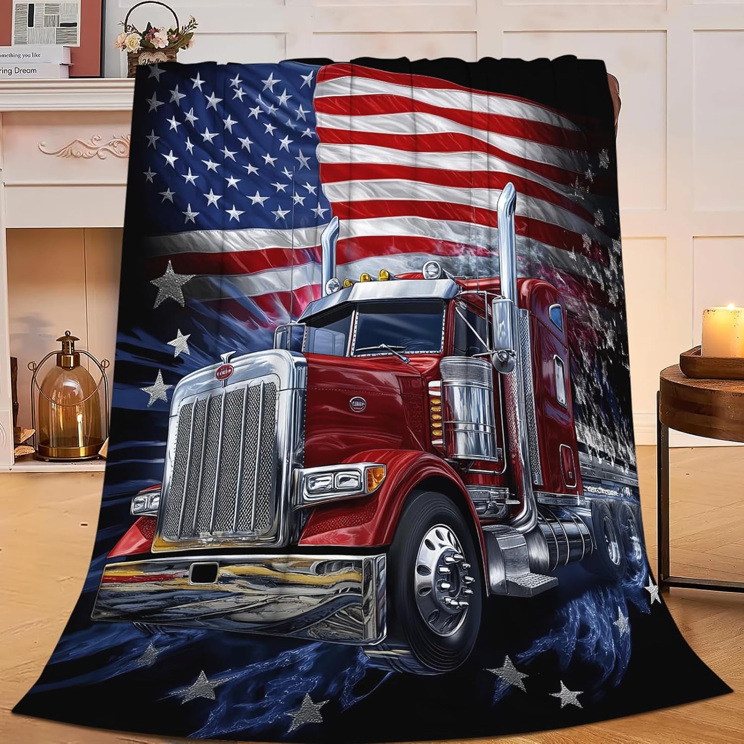 Truck Blanket Gifts for Men, American Flag Truck Throw Blanket for Boys, Soft Cozy Stuff Fleece Blankets Gifts for Train Lovers Couch Sofa Bed 60" x 50"