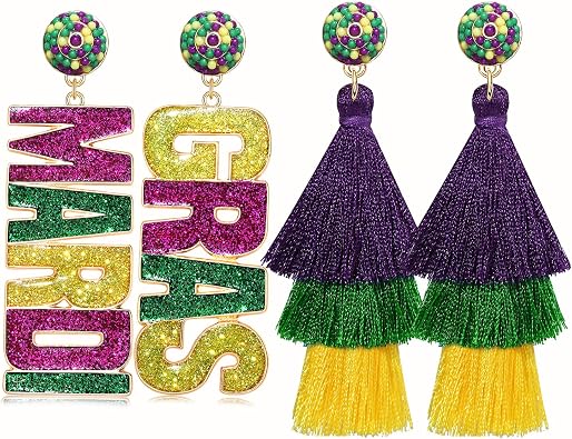 2 Pairs Mardi Gras Halloween Thanksgiving Earrings for Women Beaded Glitter Mask MARDI GRAS Fleur de Lis Earrings Tassel Dangle Fat Tuesday Carnival Parade Jewelry Gifts