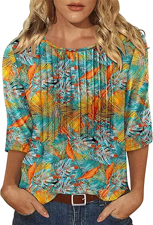 KISSMODA Tunic Tops for Women Loose Fit Dressy Round Neck Pleated 3/4 Length Sleeve Spring Tops