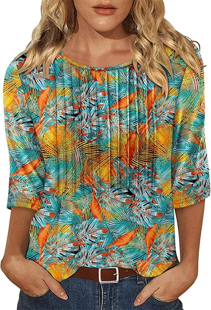KISSMODA Tunic Tops for Women Loose Fit Dressy Round Neck Pleated 3/4 Length Sleeve Spring Tops