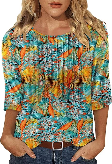KISSMODA Tunic Tops for Women Loose Fit Dressy Round Neck Pleated 3/4 Length Sleeve Spring Tops