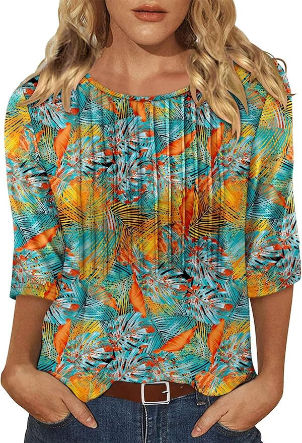 KISSMODA Tunic Tops for Women Loose Fit Dressy Round Neck Pleated 3/4 Length Sleeve Spring Tops