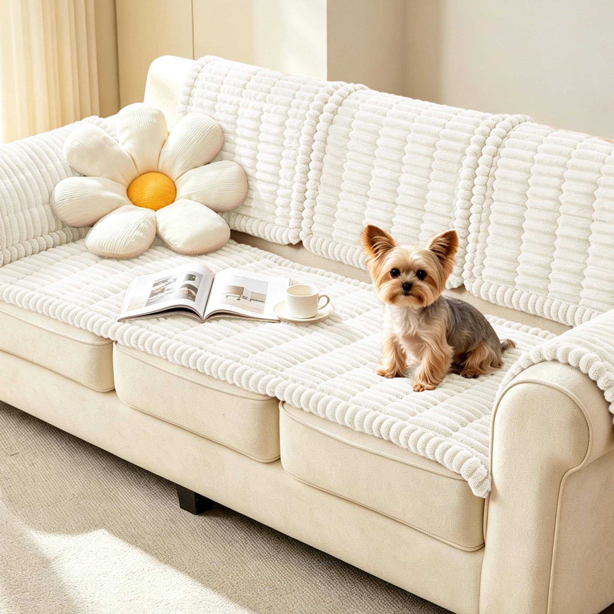 Hiiksolo Waterproof Sofa Cover Thick for Dogs, Couch Cover 3 Seat Washable Soft Non-Slip Universal Sofa Slipcover Furniture Protector for Living Room 70x210cm Beige