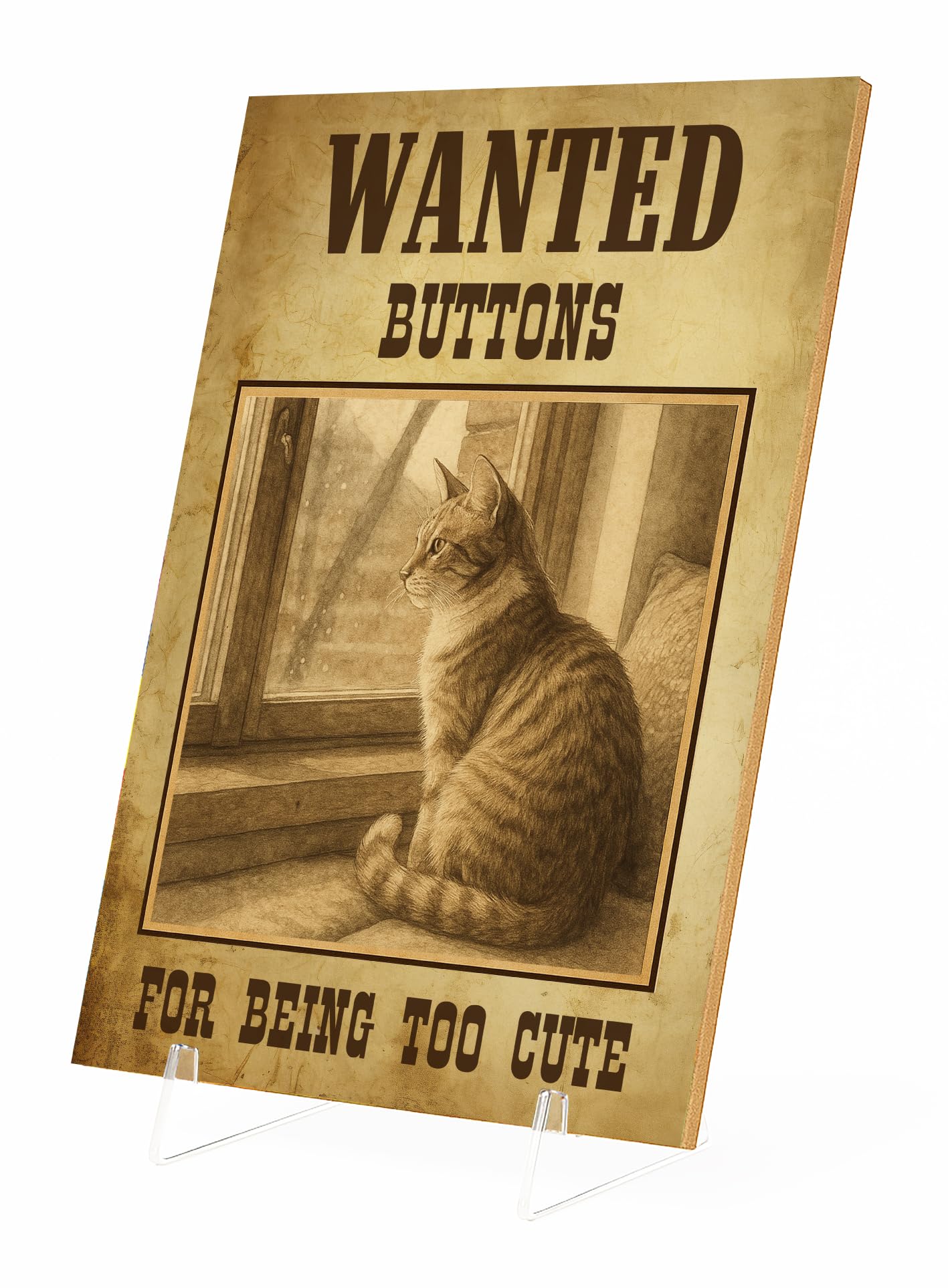 The Plum Penguin Custom Pet Portrait from Photo A4 Wooden Print Cartoon Artistic Style Personlised Dog Cat Pet Pawtrait Home Décor Plaque (Old School Western Wanted Poster)