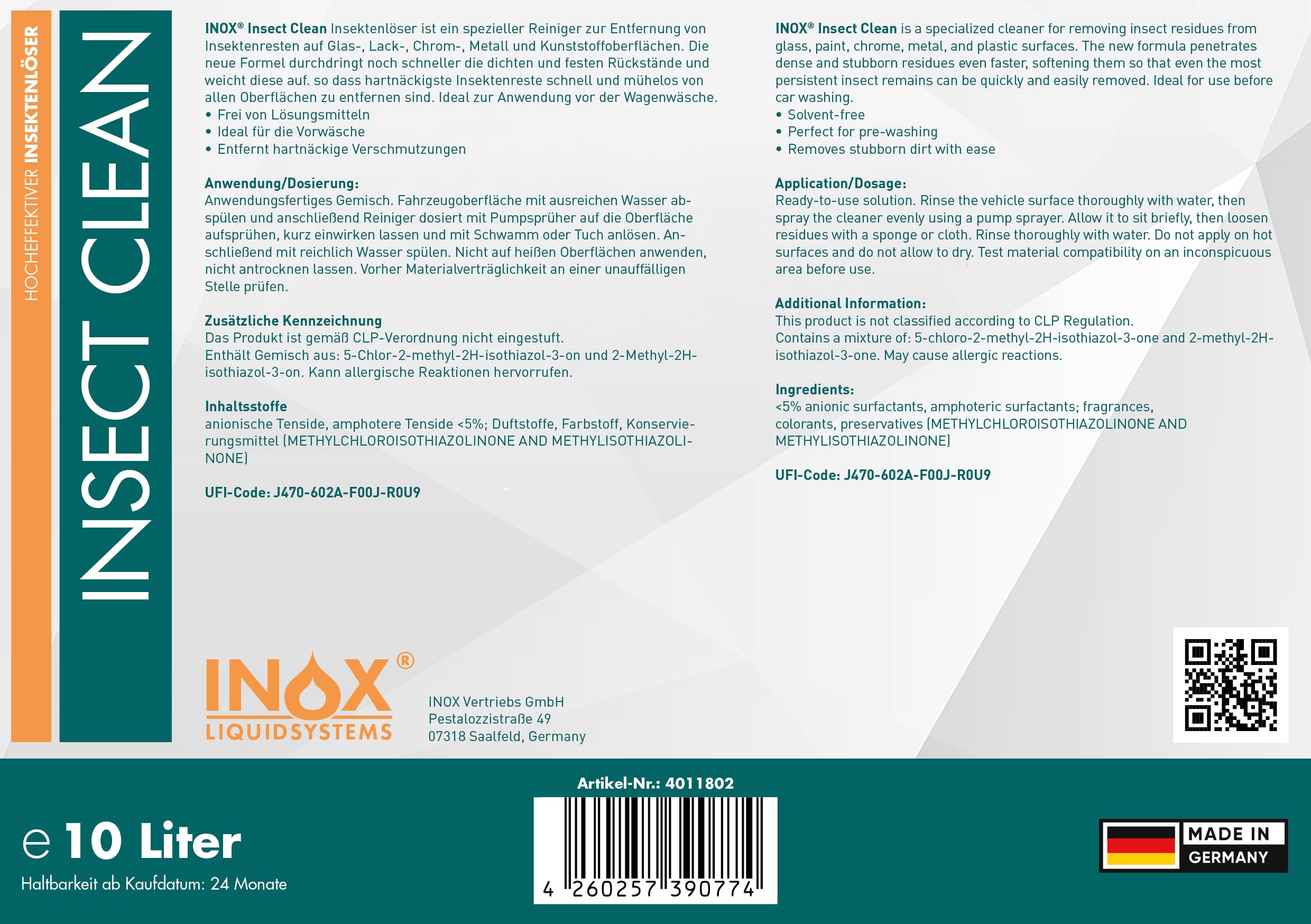 INOX Insektenentferner Auto & Motorrad 4x5L – auch bei Vogelkot | Entfernt Insekten & Baumharz – lösungsmittelfrei, sicher für Lack, Chrom, Glas & Kunststoff