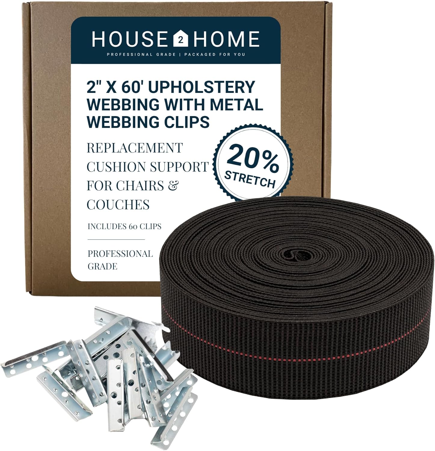 House2Home Replacement Elastic Webbing Kit to Repair Sagging Couch, Chair, Lawn,and Patio Furniture, Includes Installation Instructions, 2 Inch Wide x 60 Ft. Metal Webbing Clips