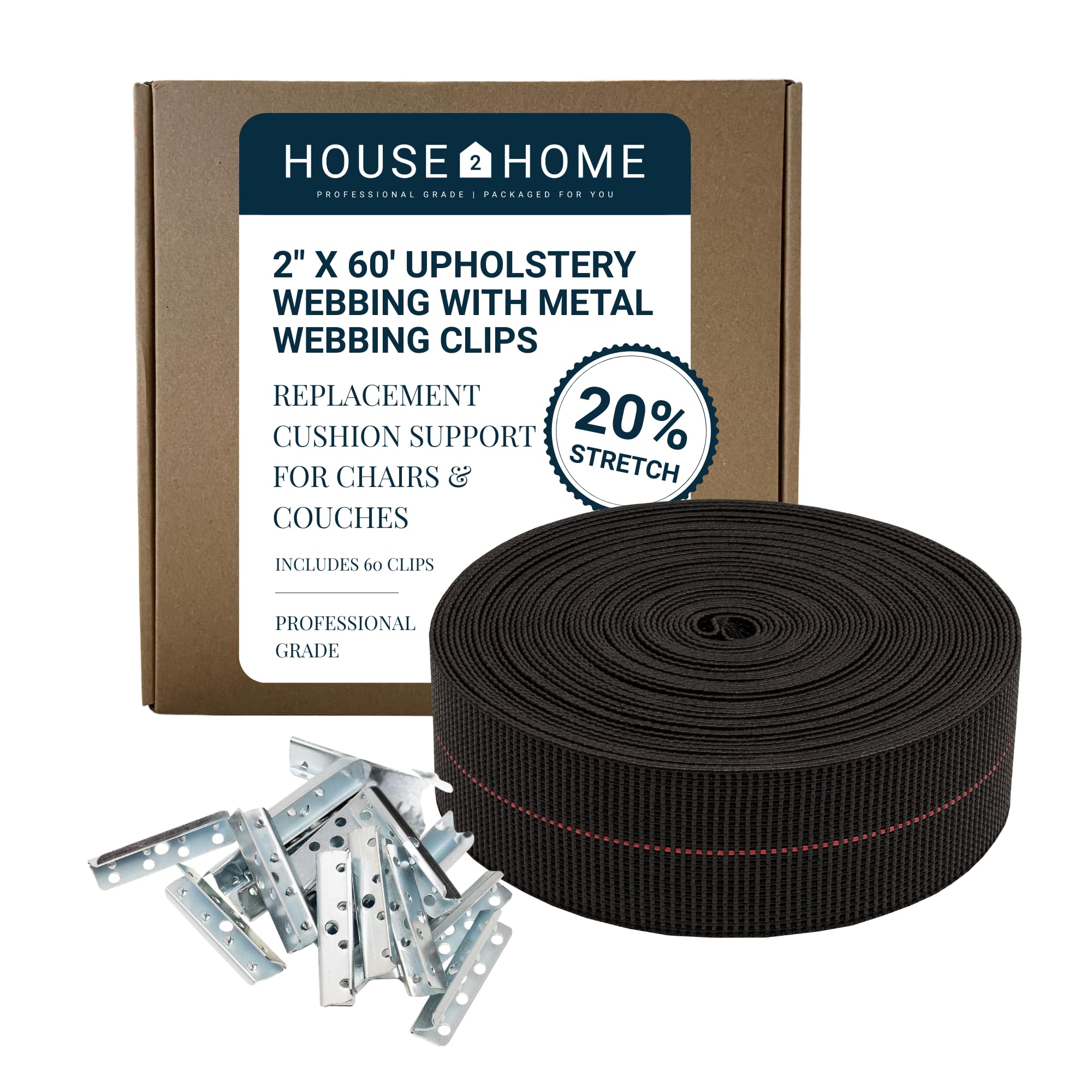 House2Home Replacement Elastic Webbing Kit to Repair Sagging Couch, Chair, Lawn,and Patio Furniture, Includes Installation Instructions, 2 Inch Wide x 60 Ft. Metal Webbing Clips