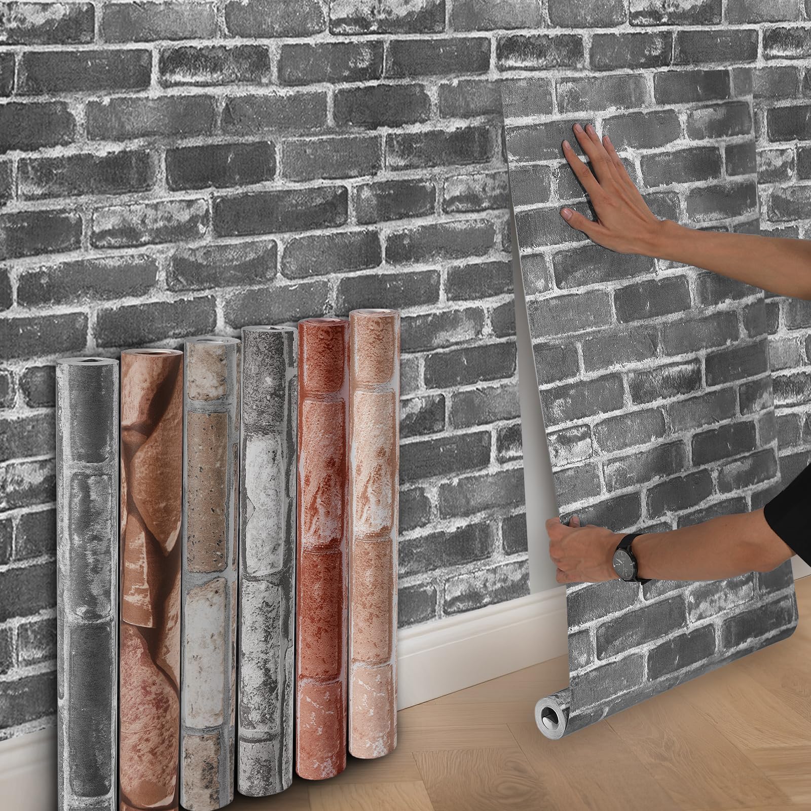 Anttyscar 4Roll Dark Grey Brick Wallpaper - 3D Effect Textured Brick Effect Wallpaper for Realistic Faux Bricks Wall Covering，Anti-Fouling Slate for Bedroom Living Room Hallway Stairs Lounge