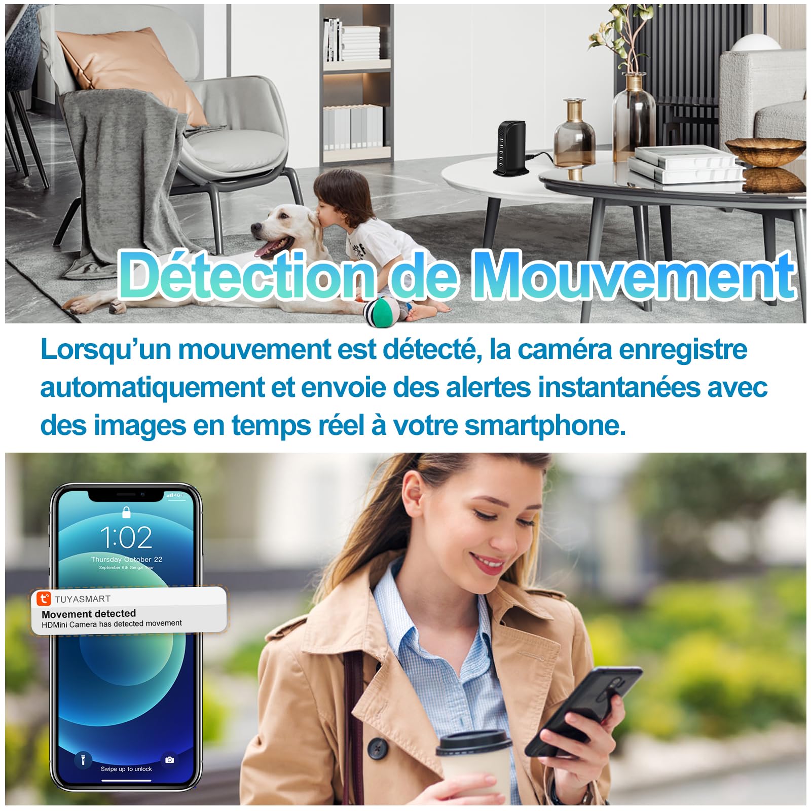 TANGMI Camera Espion, Hub de Charge 5-en-1 Mini Camera Espion sans Fil, WiFi 2.4G & 5Ghz 1080P HD avec Détection de Mouvement et Alertes Instantanées pour la Maison et Le Bureau