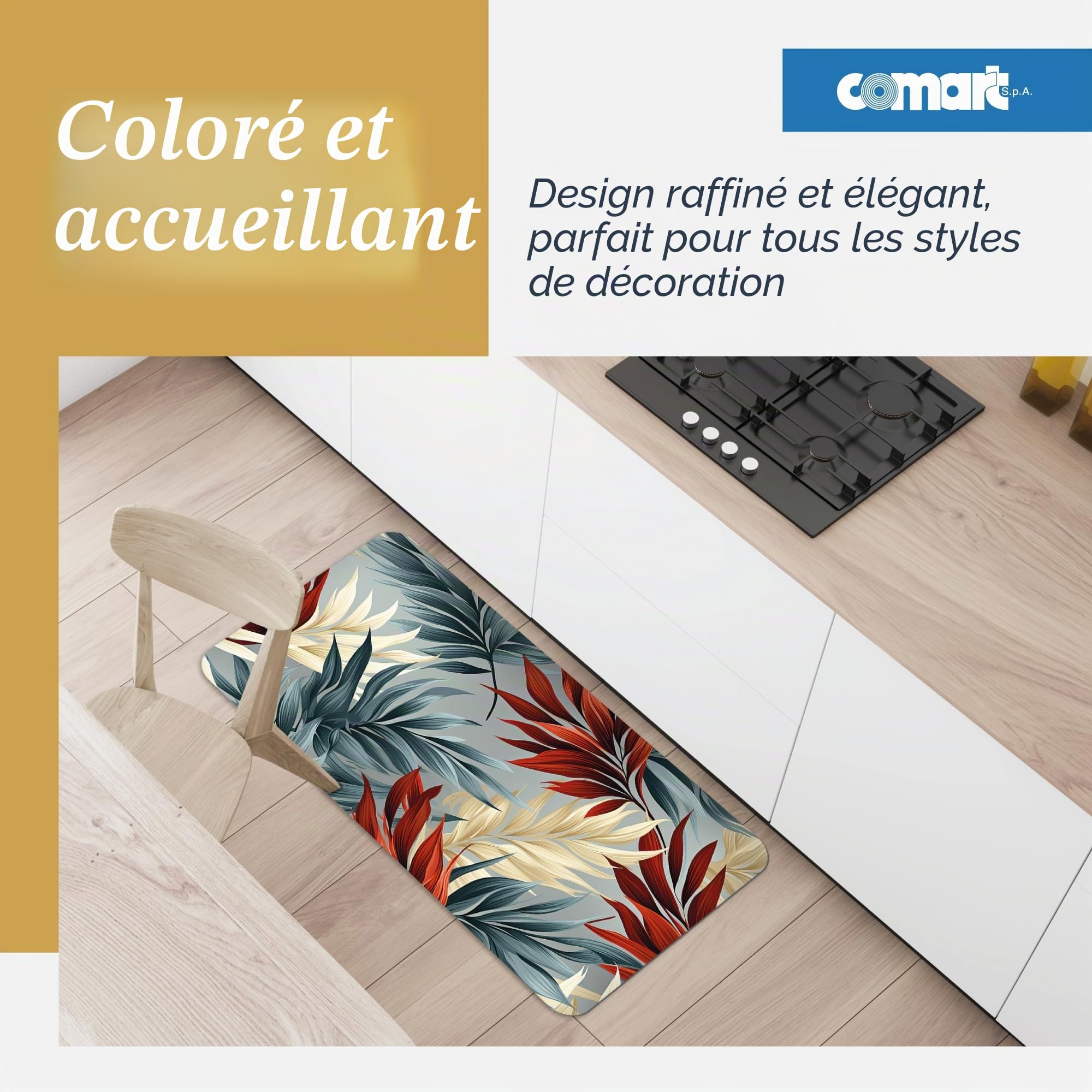 Comart - Tapis Cuisine Austin - Imperméable - 50x100 - Feuilles Tropicales