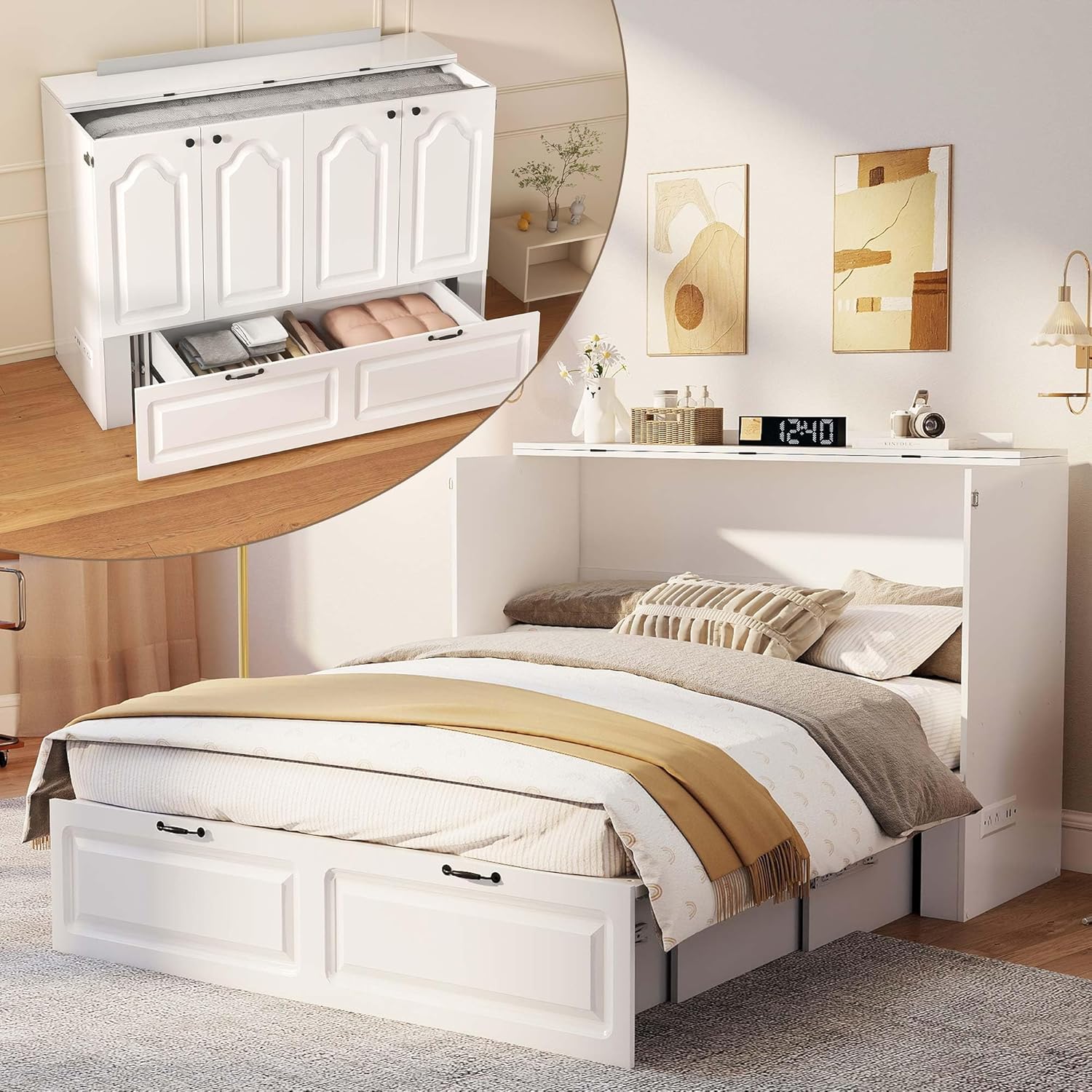 White Murphy Bed Cabinet Full: Space Saving Hideaway Bed with Storage Drawers and Power Outlet, Fluted Wood Cabinet Bed for Small Apartments and Guest Rooms