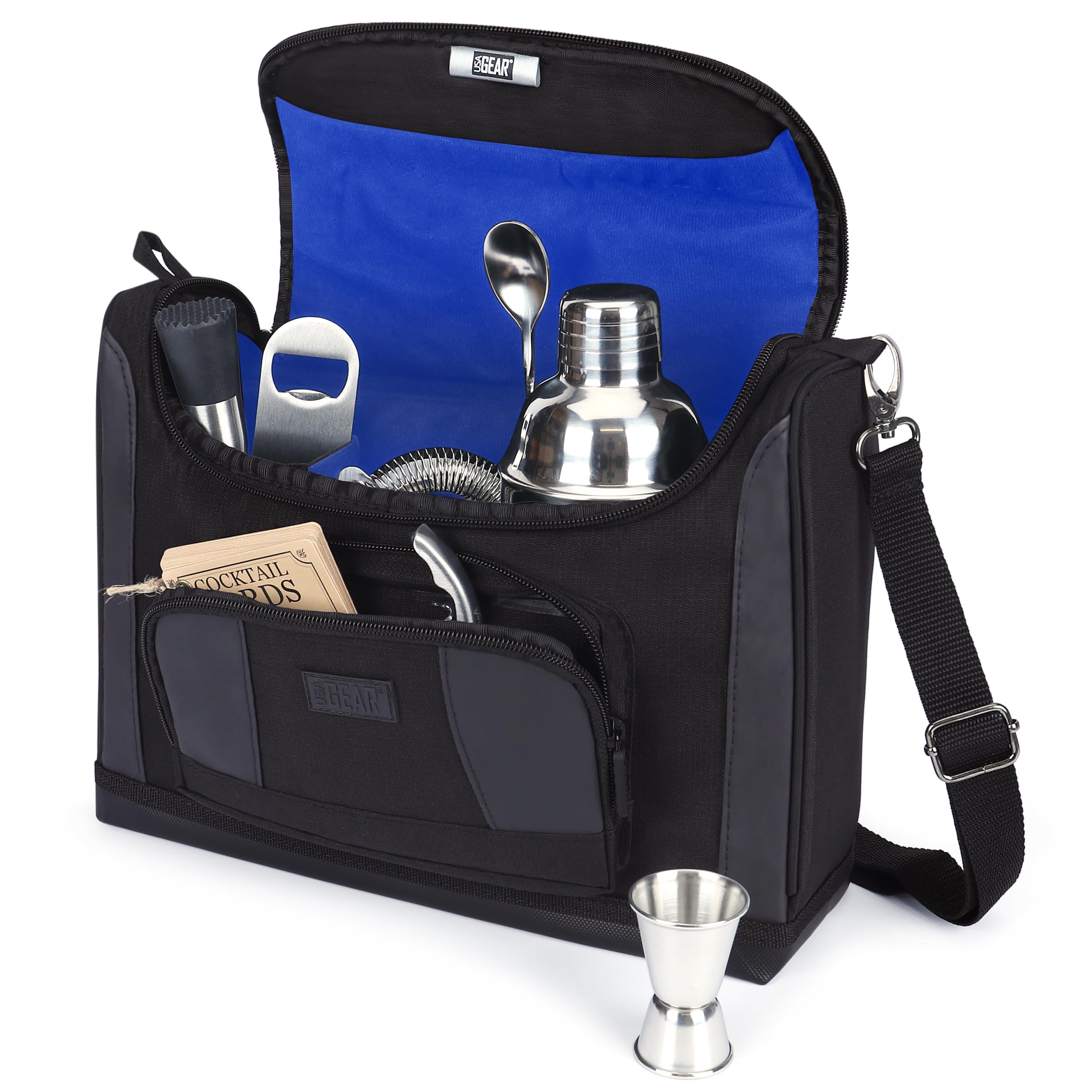 USA GEAR Travel Carrying Case Compatible with Bartending Kits - Bartending Bag Shoulder Strap for Bartender Kits with Water Resistant Exterior, Customizable Interior for Bar Tools (Bag Only) - Blue