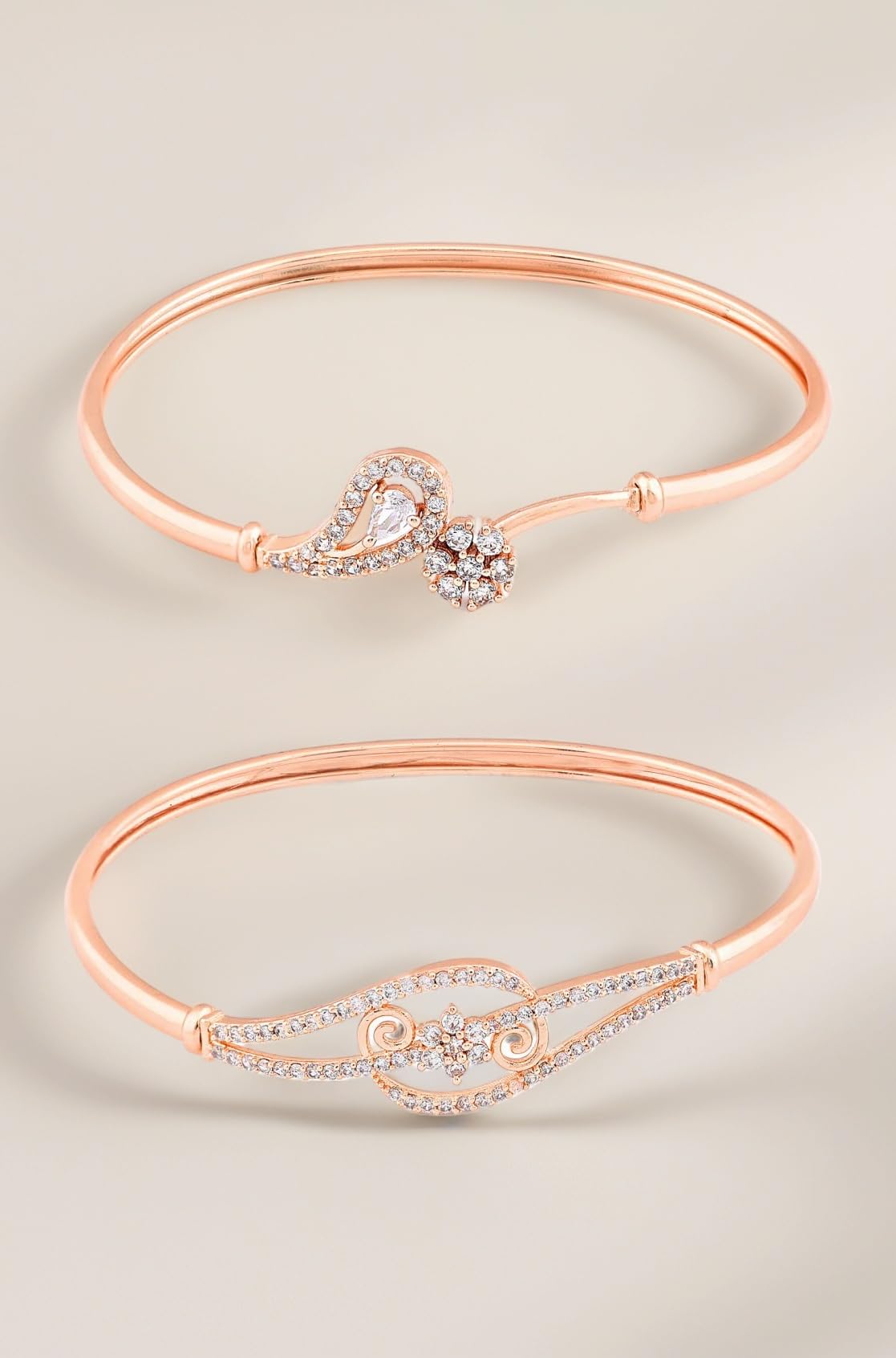 Set of 2 Rose Gold Cubic Zirconia Contemporary Brass Kada Bracelets For Women-ZPFK13384