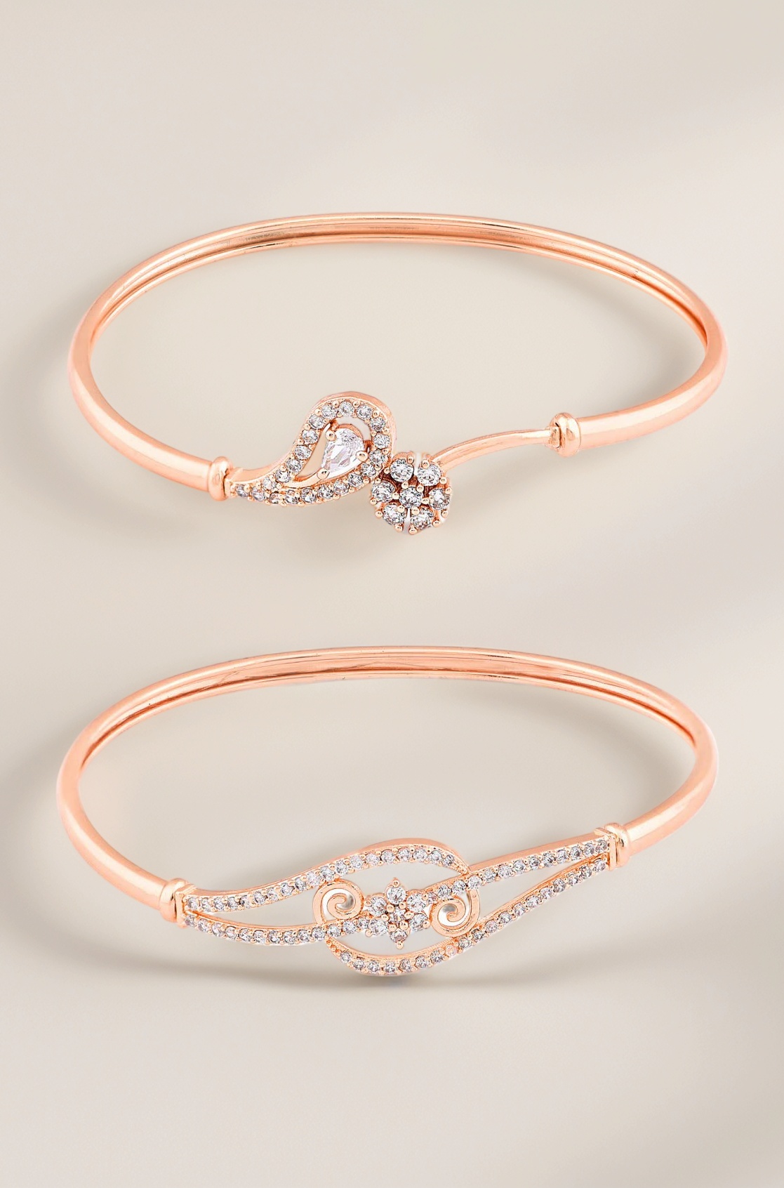 Set of 2 Rose Gold Cubic Zirconia Contemporary Brass Kada Bracelets For Women-ZPFK13384