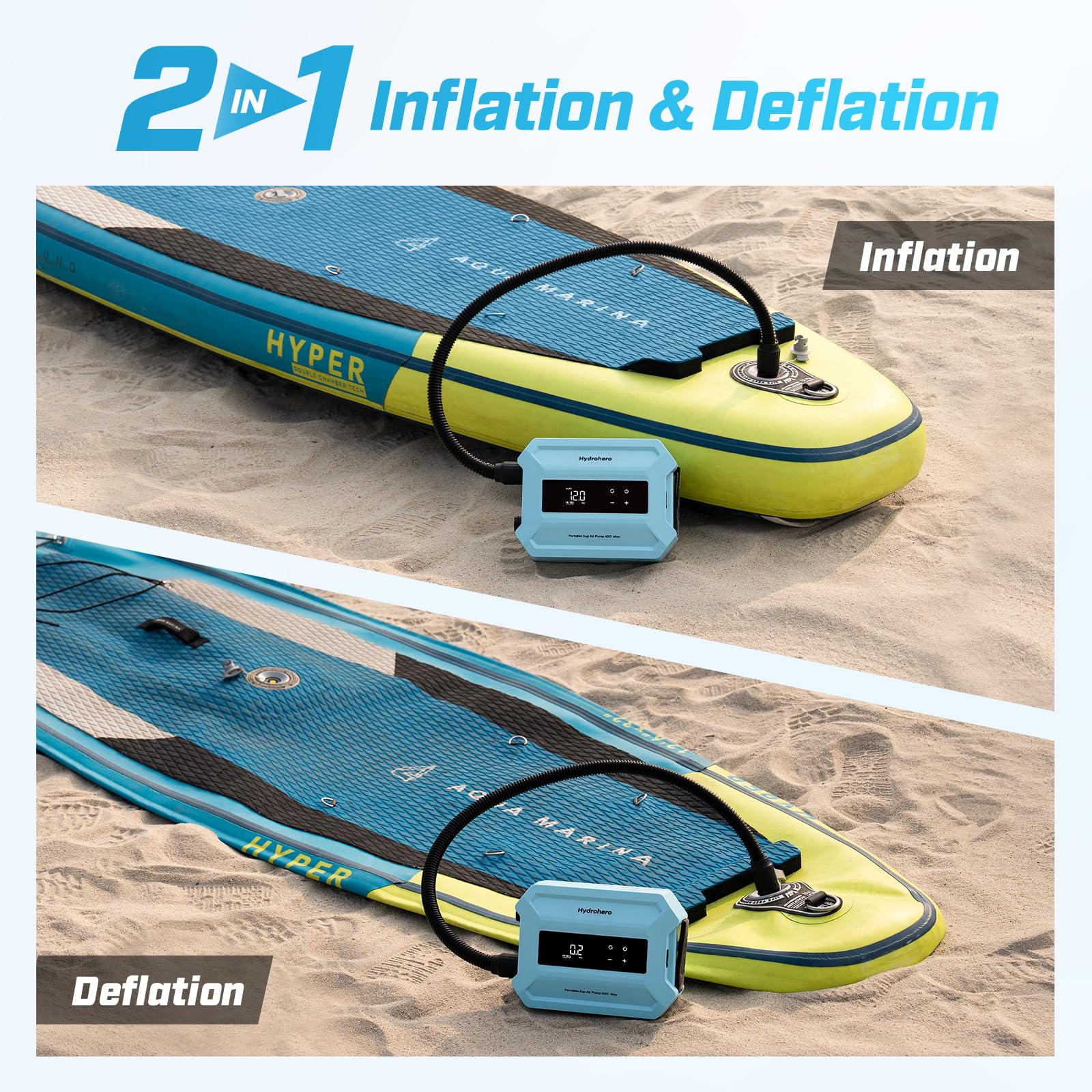 Hydrohero Pompe Paddle Board Rechargeable, Pompe Sup Électrique Portable 20PSI Max, Gonflage/Dégonflage Double Étape, Écran LED, Arrêt Automatique, pour Paddle, Kayak, Bateau Gonflable, Tente