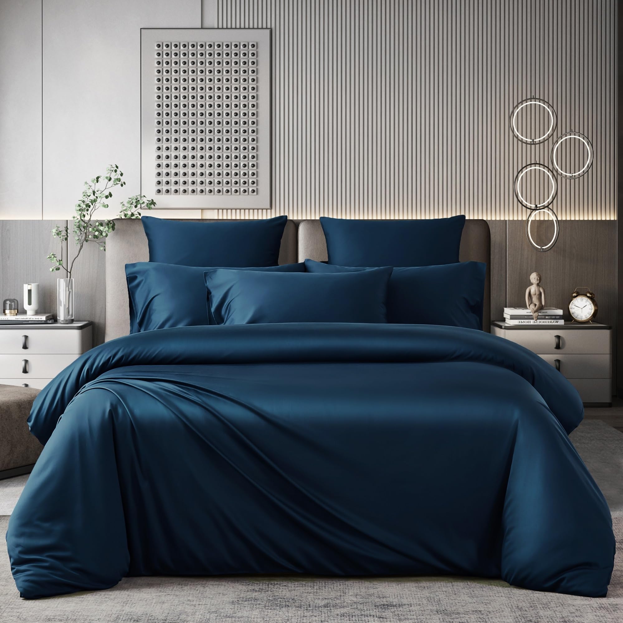 Luowei Ropa de cama de bambú de 135 x 200 cm, 4 piezas, color azul oscuro, de alta calidad, refrescante, ropa de cama de verano, suave y transpirable, juego de fundas nórdicas 100% bambú lyocell con