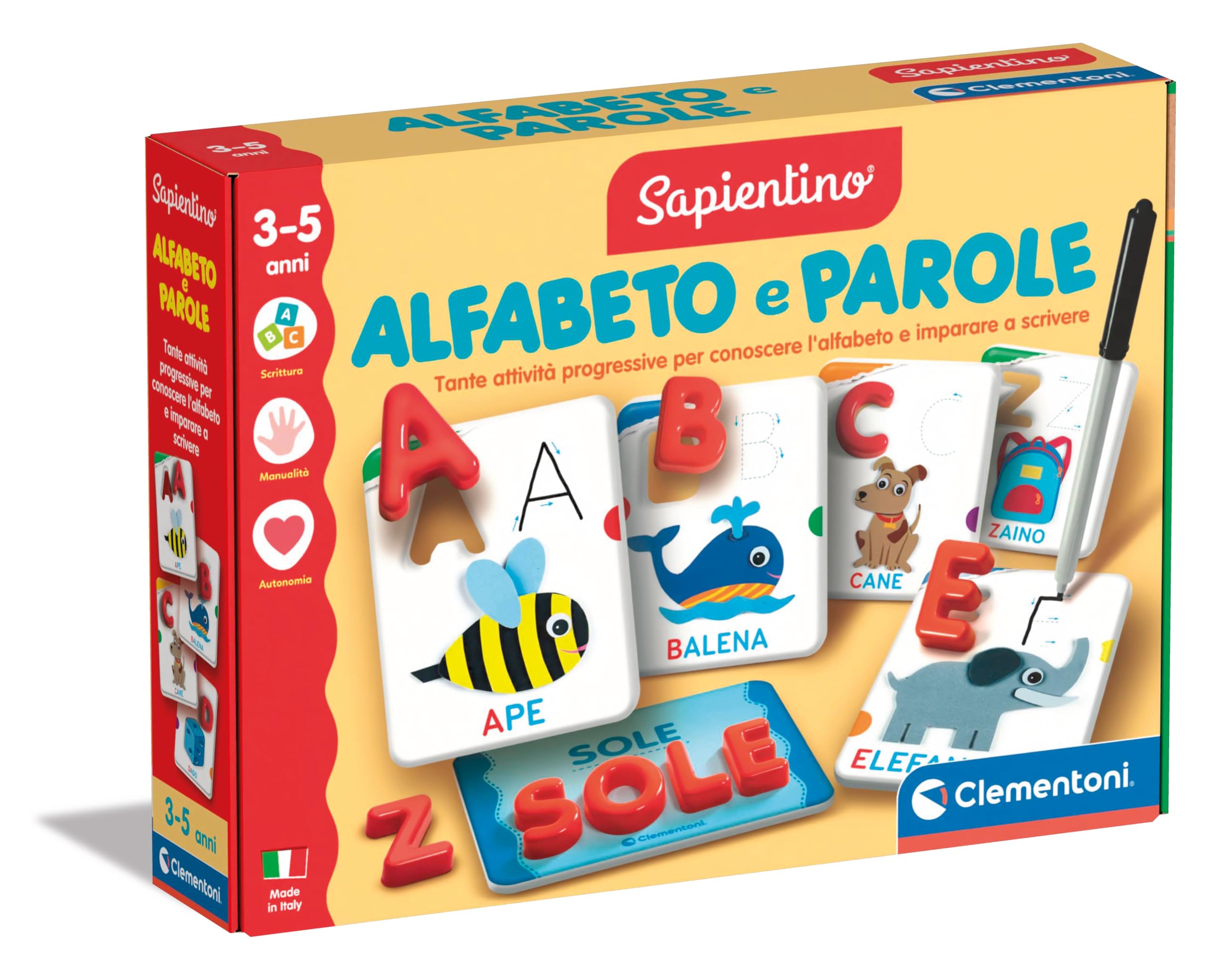 Clementoni Sapientino Montessori - Coffret magnétique Ma Casetta, jeu éducatif pour enfants 2-4 ans, avec tableau noir et 32 aimants pour apprendre lettres et mots, langue italienne, 16461