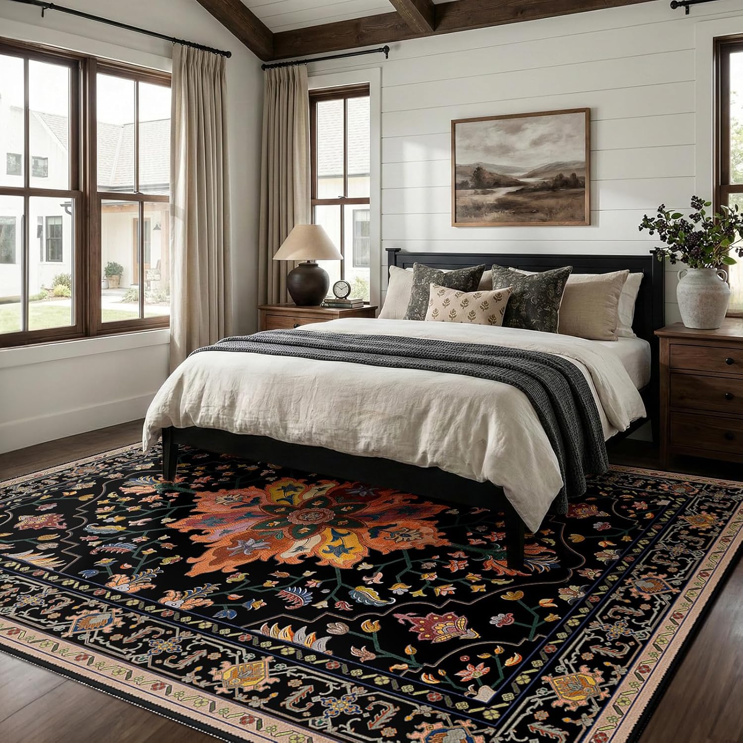 releany area rugs 9'x12' washable non-slip, floral vintage distress print pattern medallion carpet for living room bedroom dining room, black colorful floral dark tan black/colorful 9' x 12' (rectangular)