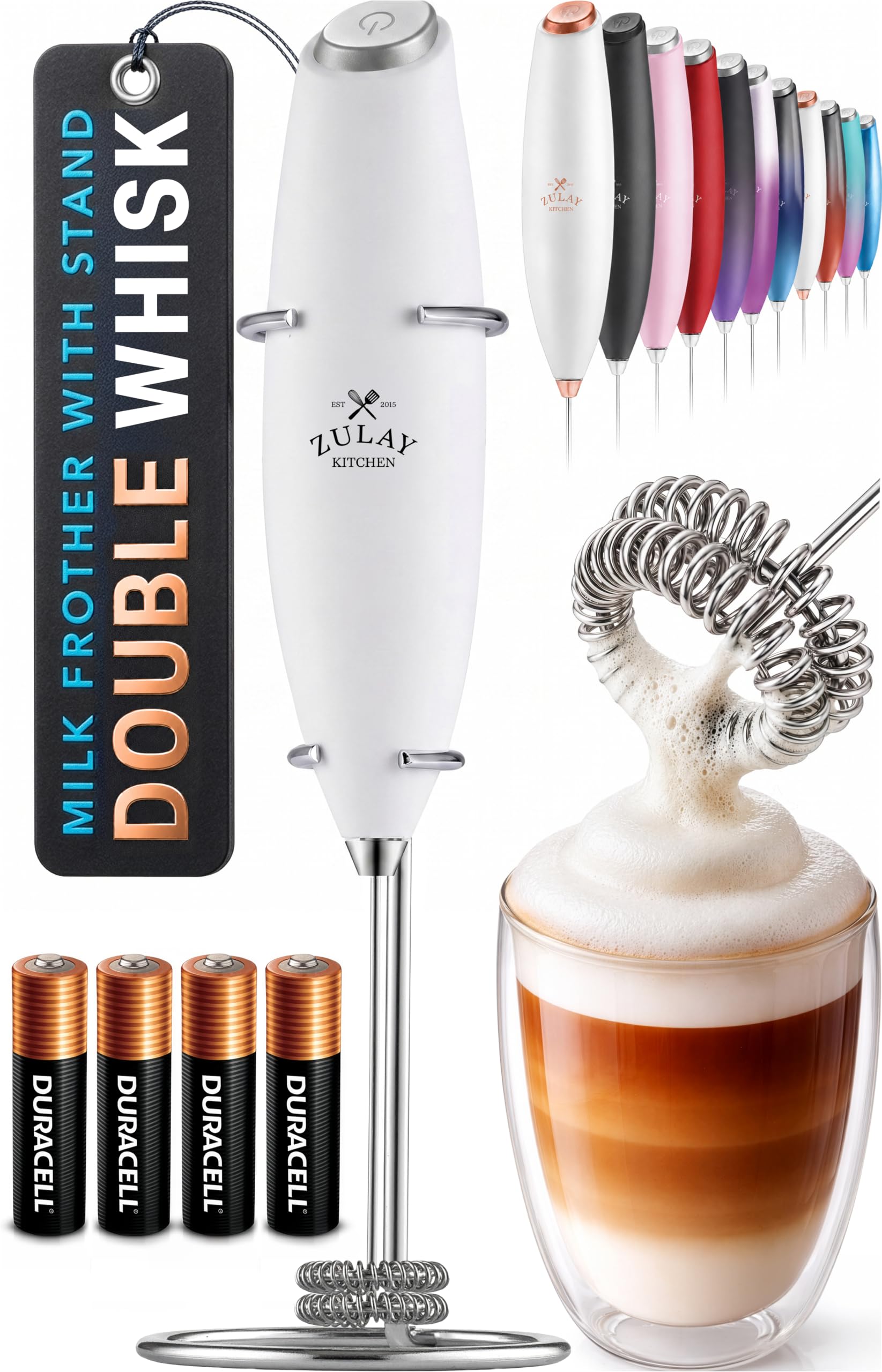 Zulay Kitchen Powerful Milk Frother Wand With Duracell Batteries - Ultra Fast Handheld Drink Mixer - Electric Whisk Foam Maker for Coffee, Lattes, Cappuccino & Matcha - Double Whisk - White Snowdrift White Double Whisk + Batteries