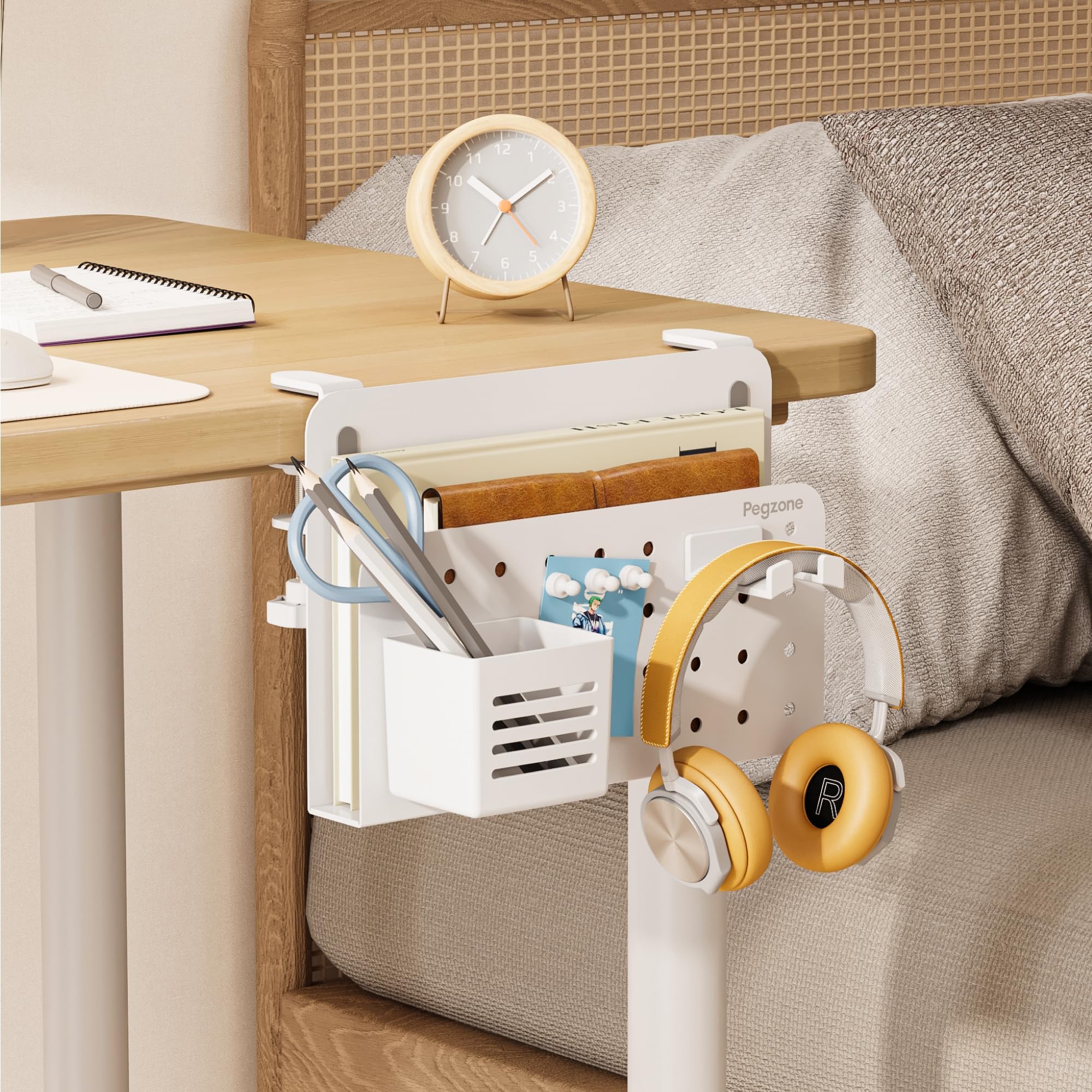 PEGZONE Schreibtisch Seitenaufbewahrung, Untertisch Laptop Halterung Aufbewahrung, Bohrfreier Laptop-Halter, Hängende Laptop-Halterung, Passt für flache Kanten von 1 cm bis 5,6 cm, Weiß